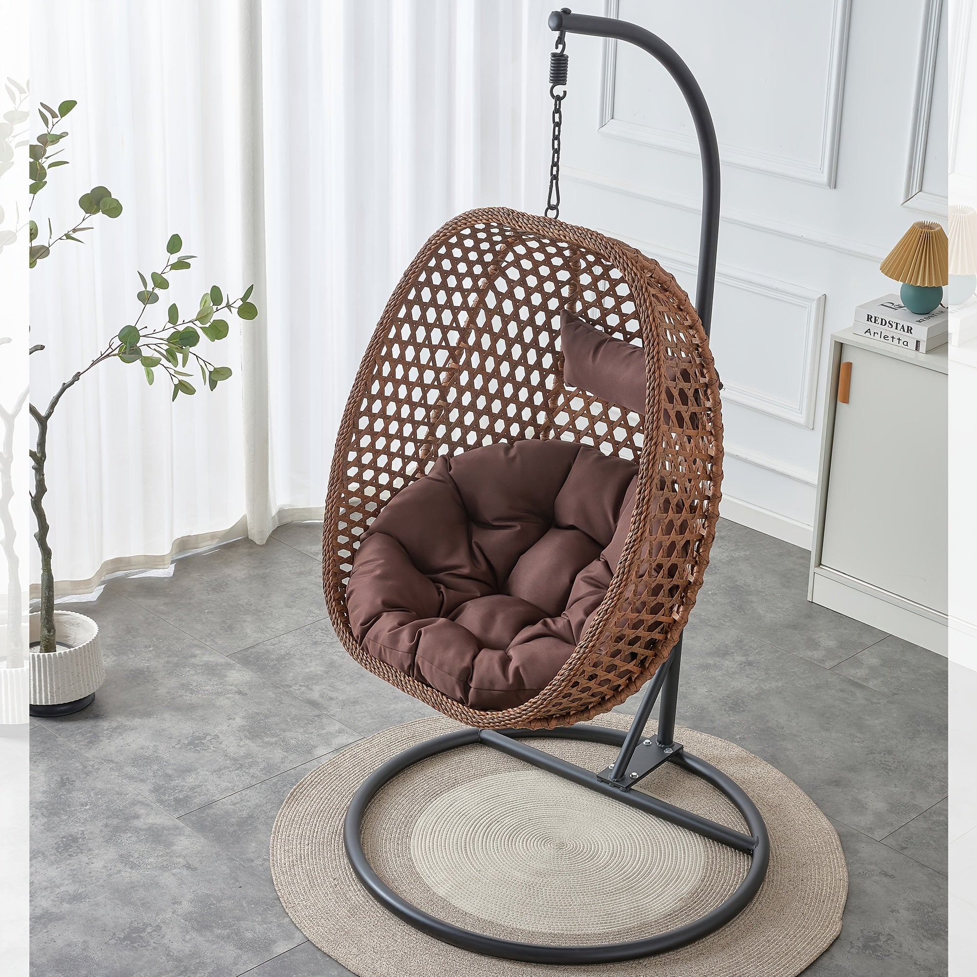 Hanging Egg Chair with Stand for Indoor And Outdoor Use, Wicker Design, Comfortable Hammock Chair with Plush Cushion, Sturdy Round Metal Base Ideal for Relaxing on The Patio, Balcony, Bedroom, Or Garden
