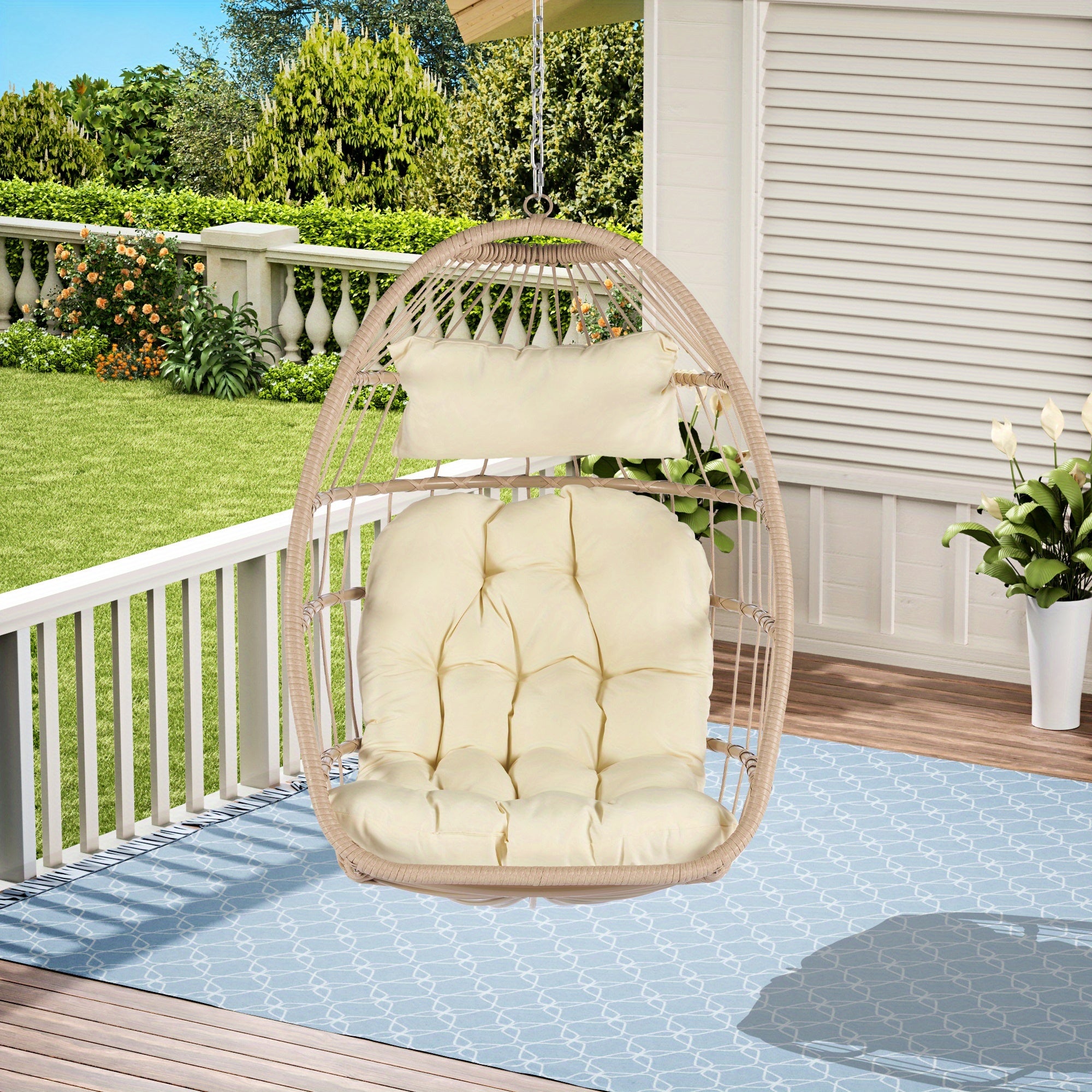 Indoor Outdoor Egg Swing Chair Without Stand, Patio Wicker Rattan Hanging Chair W\u002FCushion, All Weather Foldable Hammock Chair Basket Chairs For Bedroom, Porch