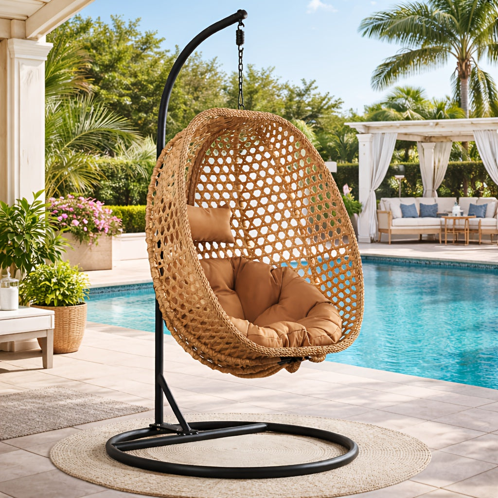 Hanging Egg Chair with Stand for Indoor And Outdoor Use, Wicker Design, Comfortable Hammock Chair with Plush Cushion, Sturdy Round Metal Base Ideal for Relaxing on The Patio, Balcony, Bedroom, Or Garden