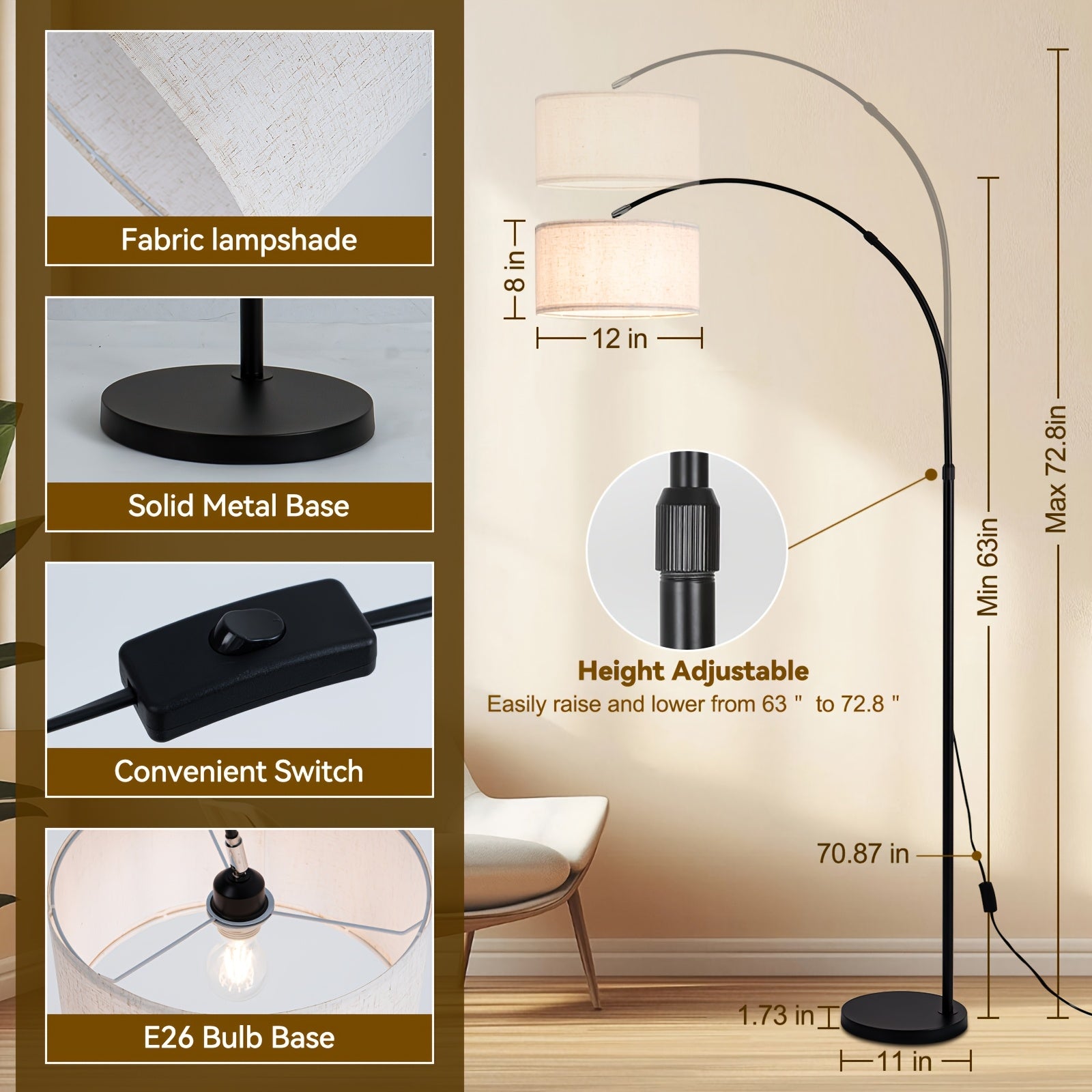 Dimmable Floor Lamp 60 Inch Adjustable Lampshade Arched Standing Floor Lamp | Modern Black Color Changing Curved Ambient Lighting for Bedroom And Living Room, Office Corner Floor Lamps