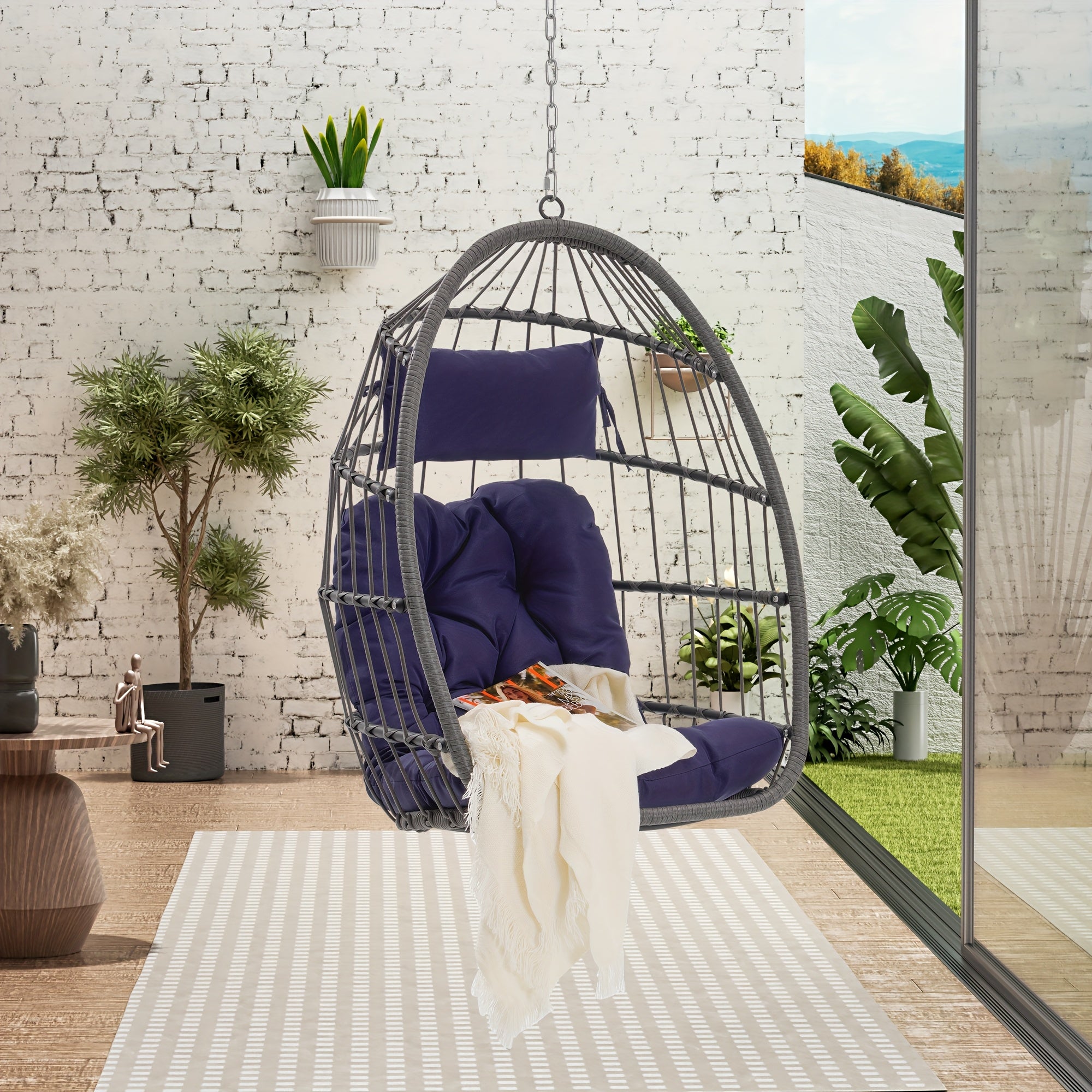 Indoor Outdoor Egg Swing Chair Without Stand, Patio Wicker Rattan Hanging Chair W\u002FCushion, All Weather Foldable Hammock Chair Basket Chairs For Bedroom, Porch
