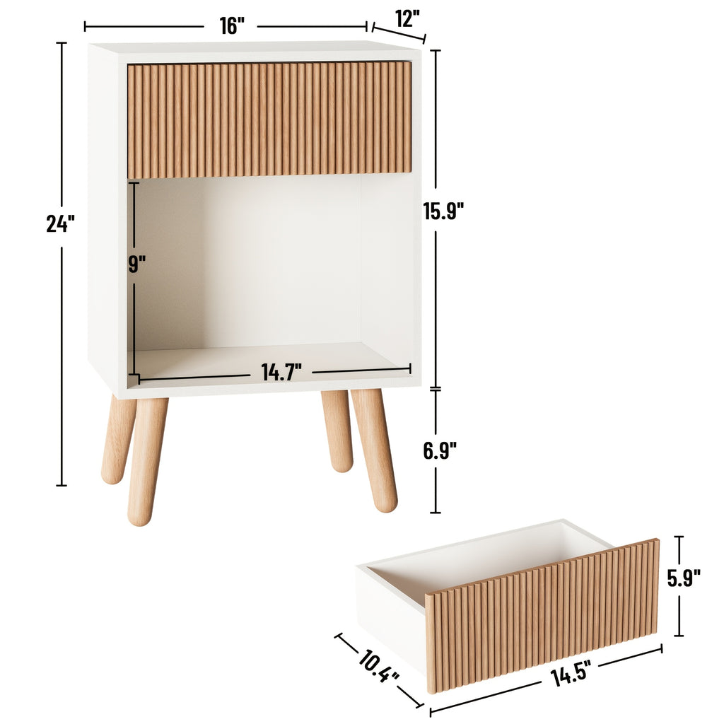 Contemporary Nightstand Featuring a Fluted Design, Equipped with a Storage Drawer And an Open Shelf, Supported by Solid Wood Legs. Ideal As an Accent Table for Small Living Rooms Or Bedrooms