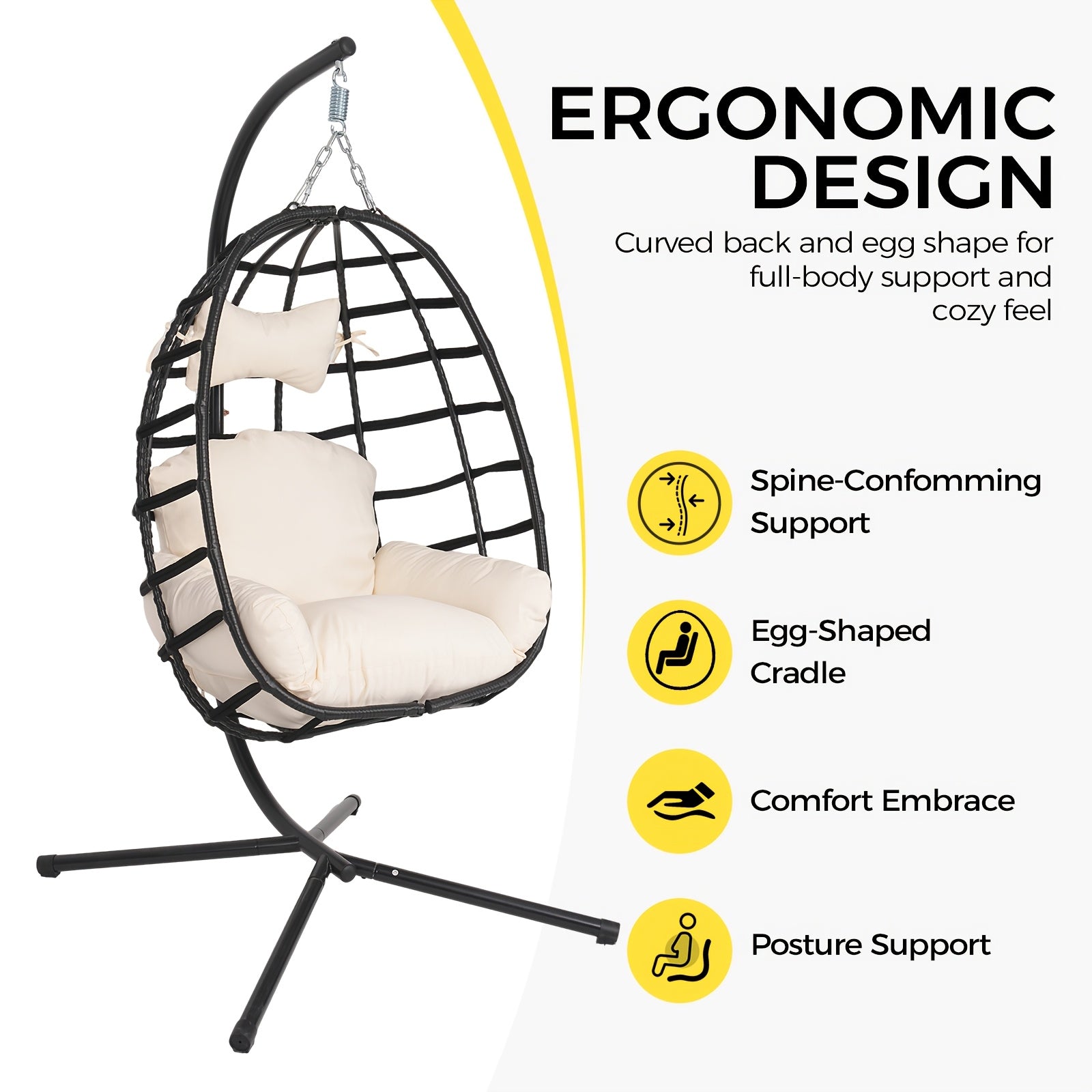 Hanging Egg Chair with Stand Outdoor, Rattan Wicker Swing Hammock Chairs, Comfortable Outdoor Swing Chair, Durable Egg Swing Chair, Equipped with Cushions & Headrest, 350 Lbs Capacity, Suitable for Patio Garden, Birthday Gift or Valentine's Day
