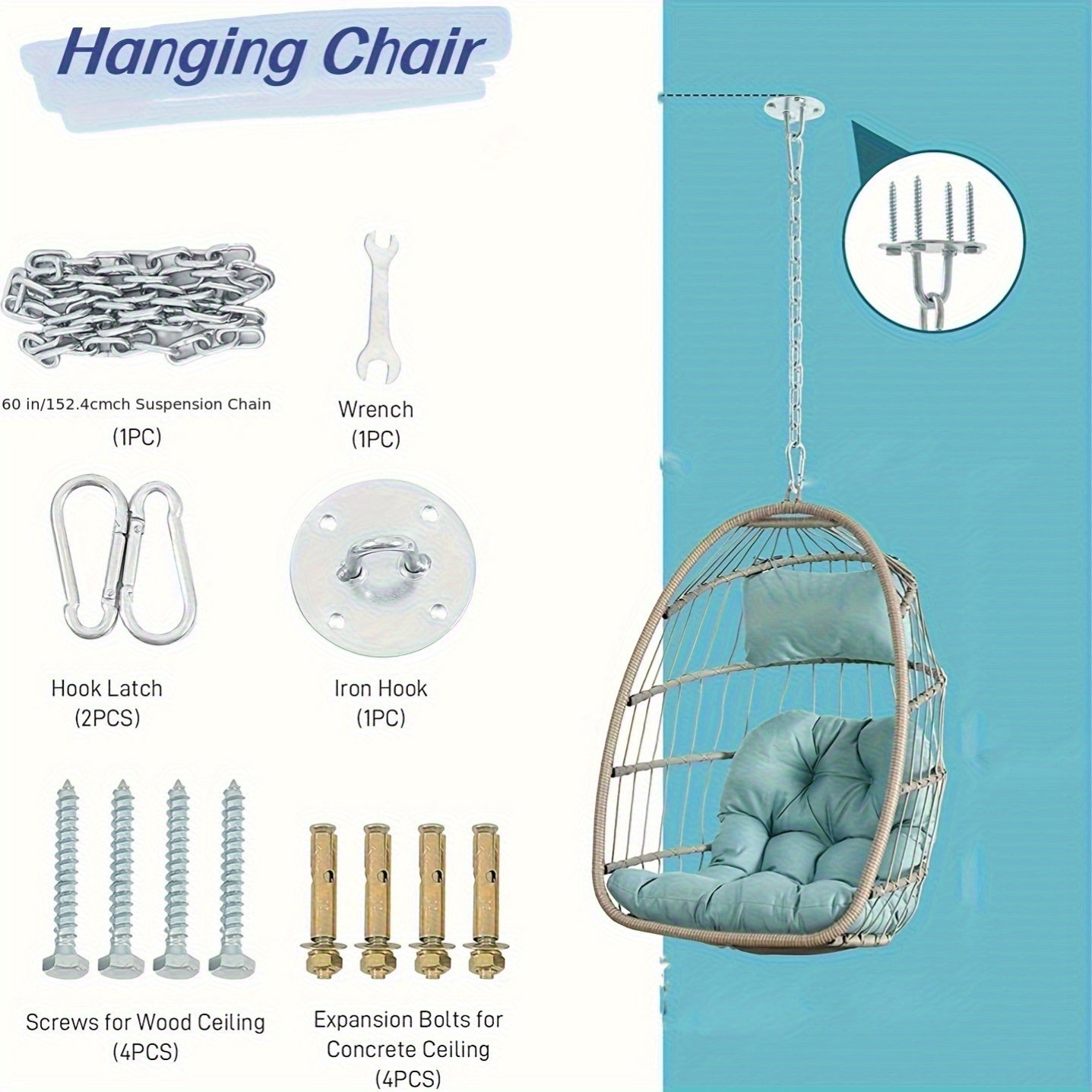 Indoor Outdoor Egg Swing Chair Without Stand, Patio Wicker Rattan Hanging Chair W\u002FCushion, All Weather Foldable Hammock Chair Basket Chairs For Bedroom, Porch