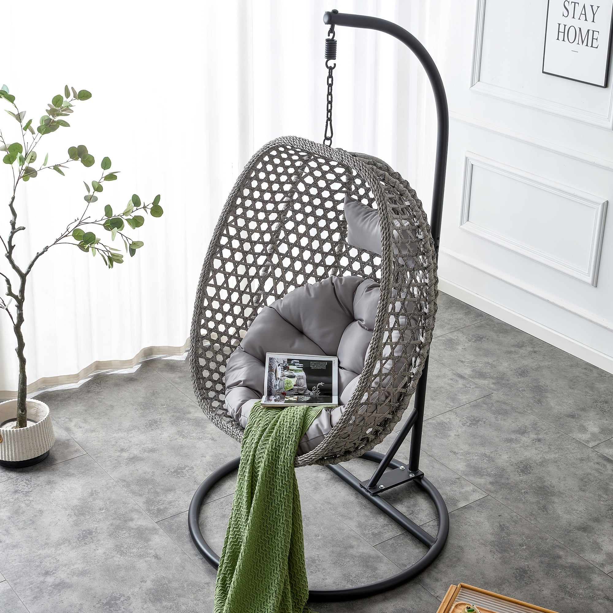 Hanging Egg Chair with Stand for Indoor And Outdoor Use, Wicker Design, Comfortable Hammock Chair with Plush Cushion, Sturdy Round Metal Base Ideal for Relaxing on The Patio, Balcony, Bedroom, Or Garden