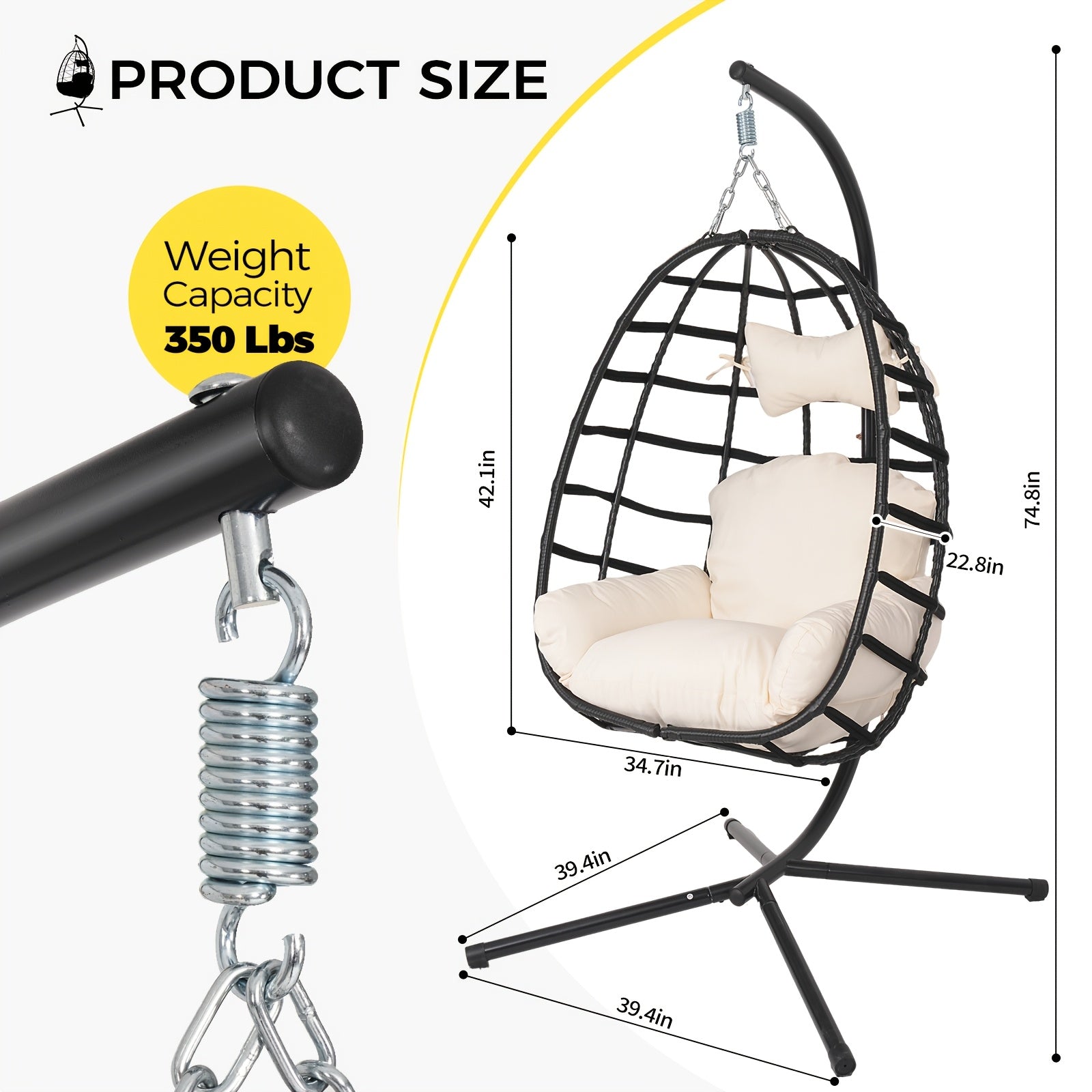 Hanging Egg Chair with Stand Outdoor, Rattan Wicker Swing Hammock Chairs, Comfortable Outdoor Swing Chair, Durable Egg Swing Chair, Equipped with Cushions & Headrest, 350 Lbs Capacity, Suitable for Patio Garden, Birthday Gift or Valentine's Day