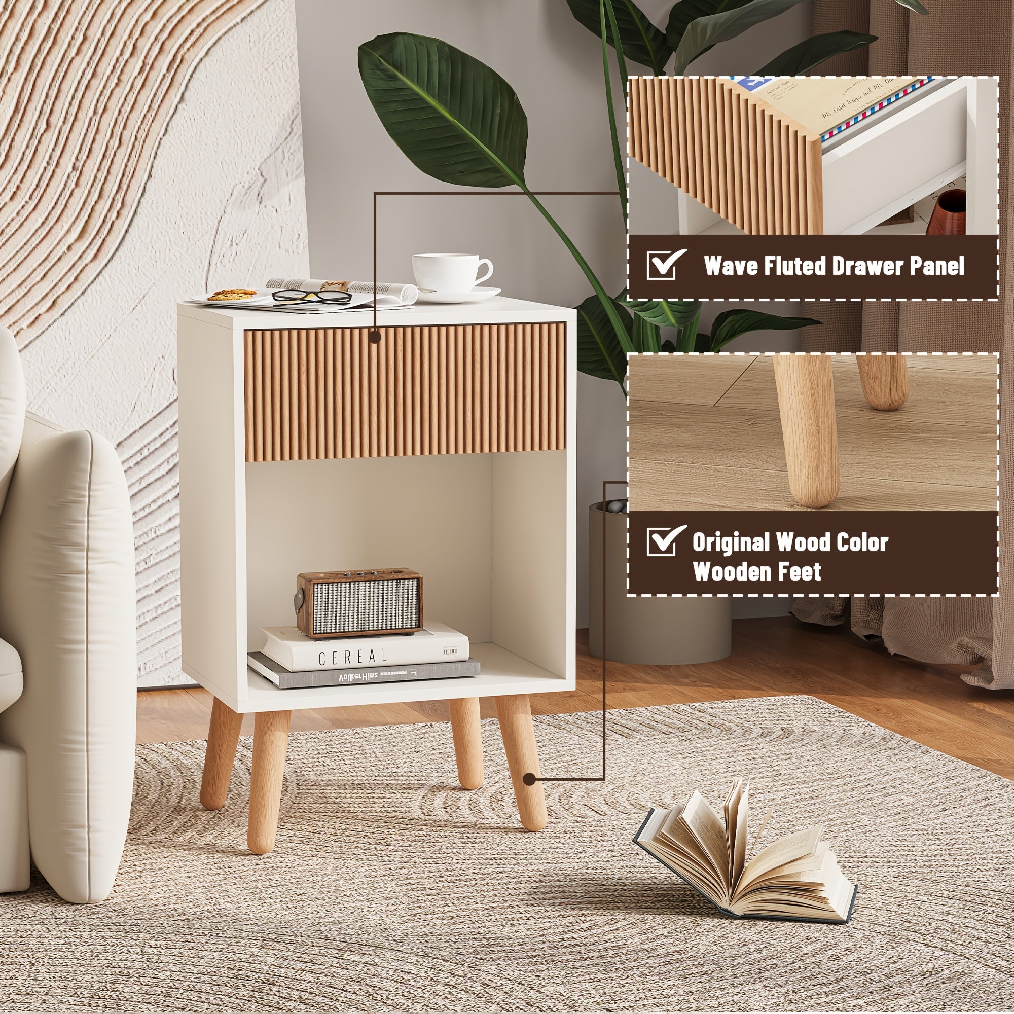 Contemporary Nightstand Featuring a Fluted Design, Equipped with a Storage Drawer And an Open Shelf, Supported by Solid Wood Legs. Ideal As an Accent Table for Small Living Rooms Or Bedrooms