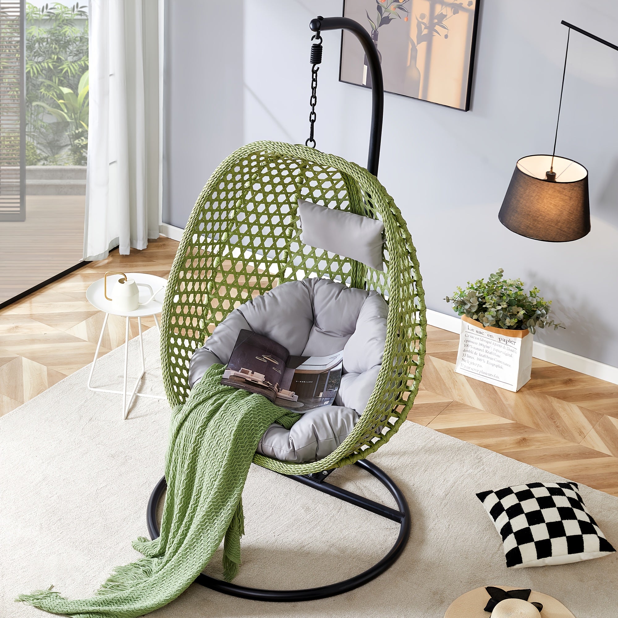 Hanging Egg Chair with Stand for Indoor And Outdoor Use, Wicker Design, Comfortable Hammock Chair with Plush Cushion, Sturdy Round Metal Base Ideal for Relaxing on The Patio, Balcony, Bedroom, Or Garden