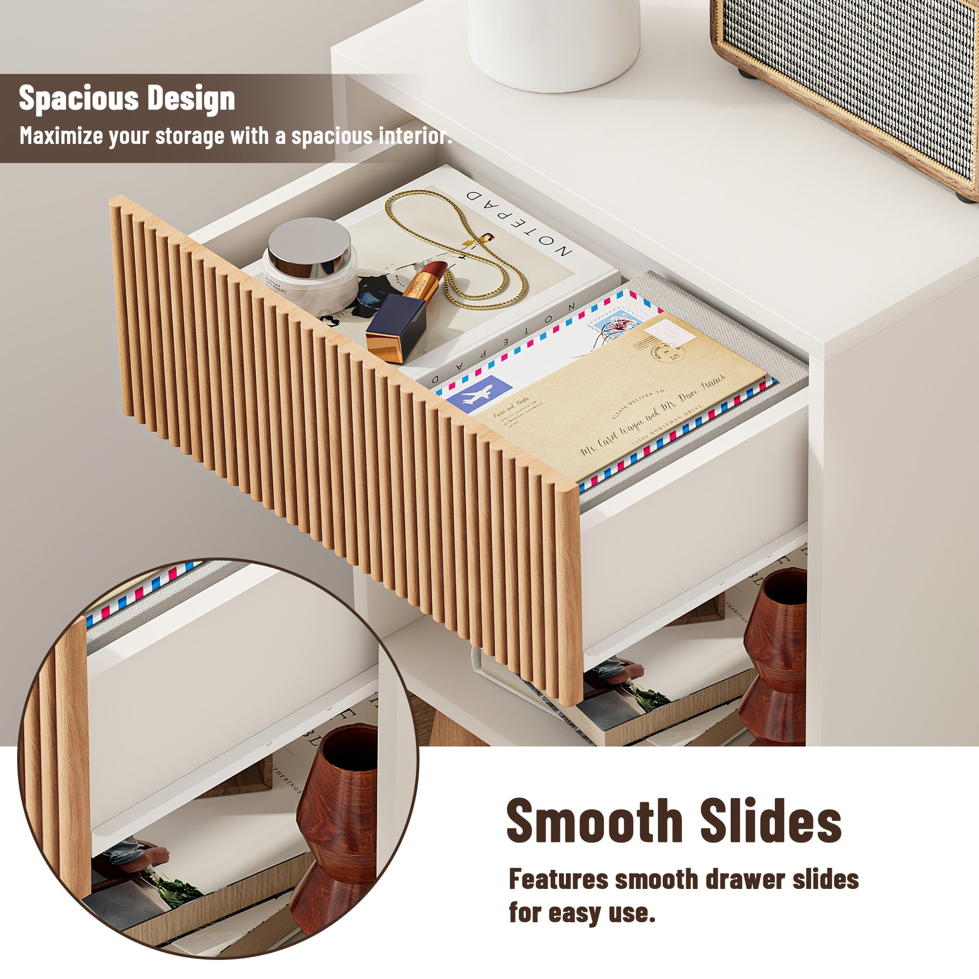 Contemporary Nightstand Featuring a Fluted Design, Equipped with a Storage Drawer And an Open Shelf, Supported by Solid Wood Legs. Ideal As an Accent Table for Small Living Rooms Or Bedrooms