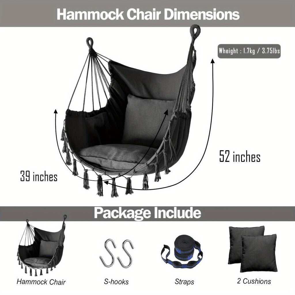 Hanging Hammock Chair with Two Cushions, Durable Webbing Straps And Hooks, Handcrafted for Outdoor Use in Gardens, Porches, And Patios