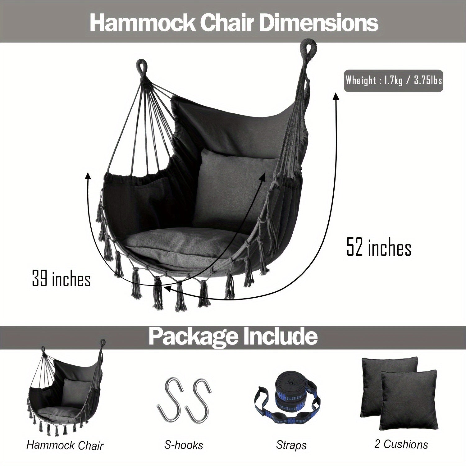 Hanging Hammock Chair with Two Cushions, Durable Webbing Straps And Hooks, Handcrafted for Outdoor Use in Gardens, Porches, And Patios