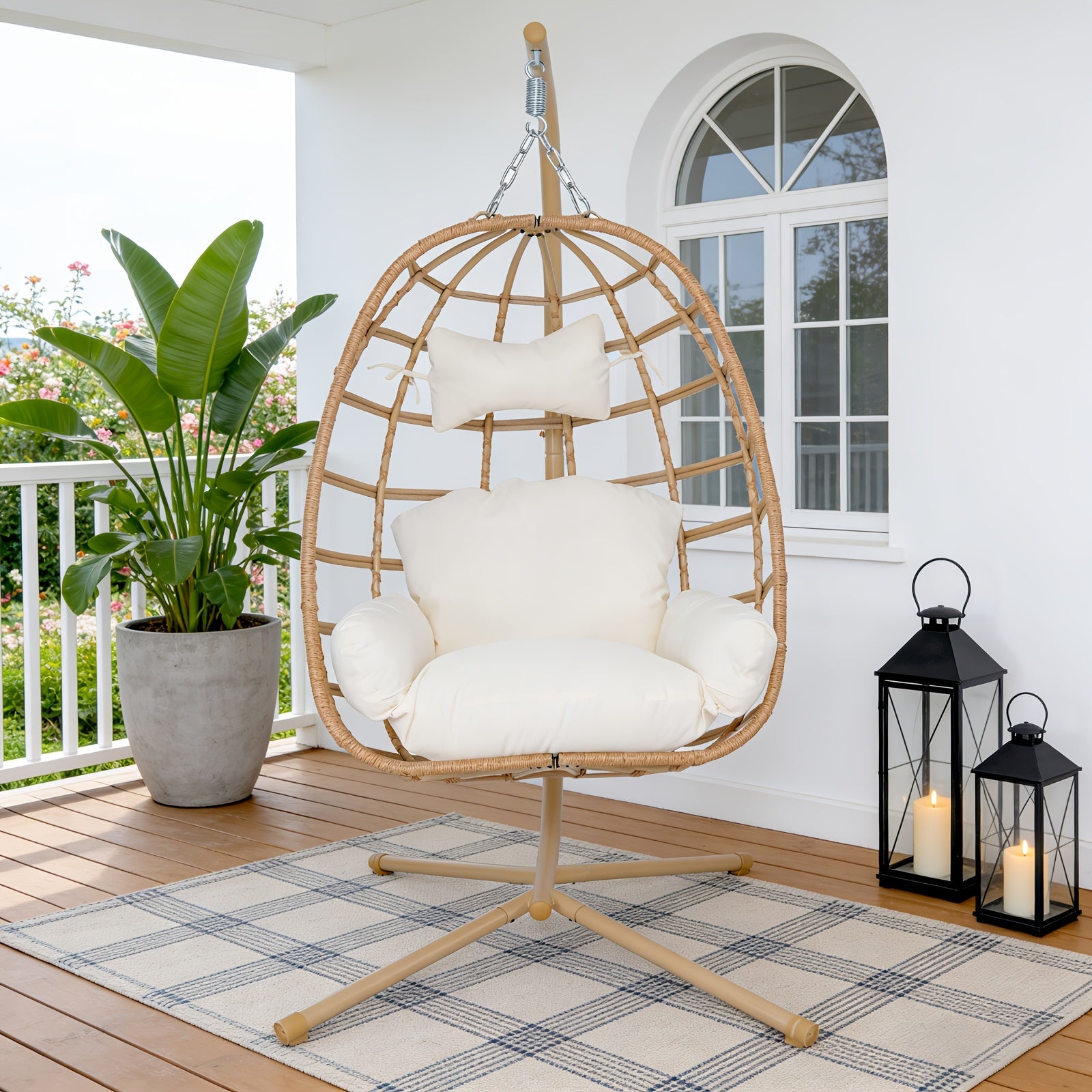 Egg-shaped Hanging Chair with Headrest and Frame, Courtyard Hanging Chair, Suitable for Outdoor Camping, Balcony, and Garden Use, Enhanced X-shaped Frame, UV-resistant Cushions, Soft, Breathable, and Skin-friendly