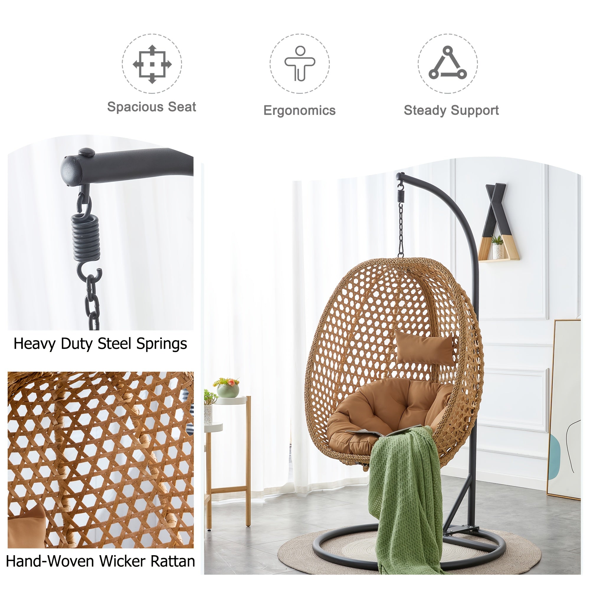 Hanging Egg Chair with Stand for Indoor And Outdoor Use, Wicker Design, Comfortable Hammock Chair with Plush Cushion, Sturdy Round Metal Base Ideal for Relaxing on The Patio, Balcony, Bedroom, Or Garden