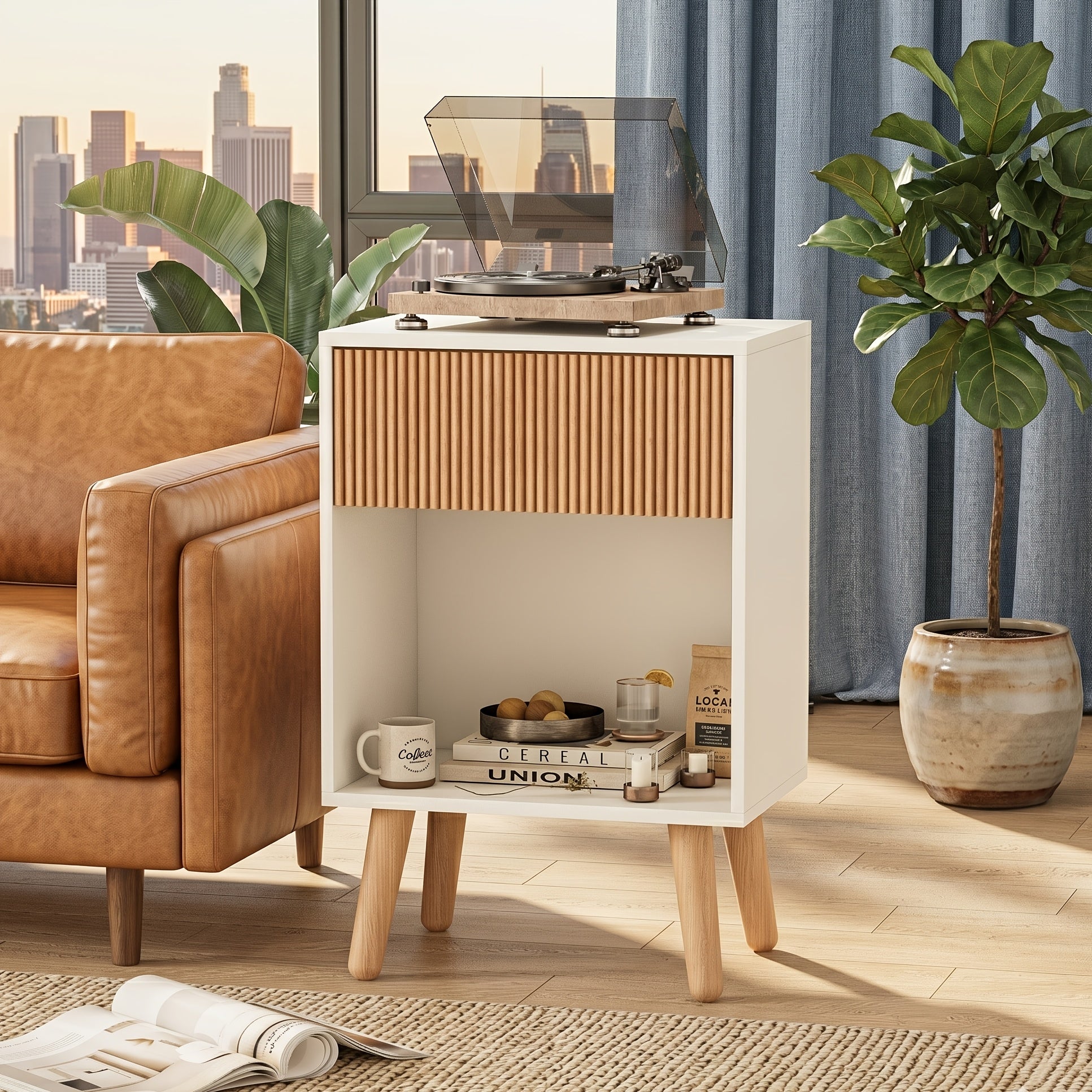 Contemporary Nightstand Featuring a Fluted Design, Equipped with a Storage Drawer And an Open Shelf, Supported by Solid Wood Legs. Ideal As an Accent Table for Small Living Rooms Or Bedrooms