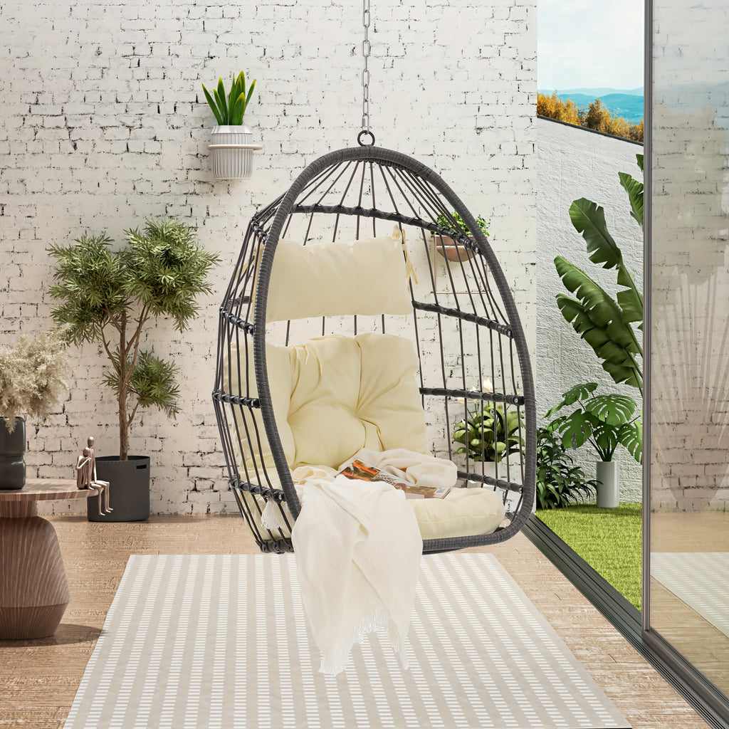 Indoor Outdoor Egg Swing Chair Without Stand, Patio Wicker Rattan Hanging Chair W\u002FCushion, All Weather Foldable Hammock Chair Basket Chairs For Bedroom, Porch