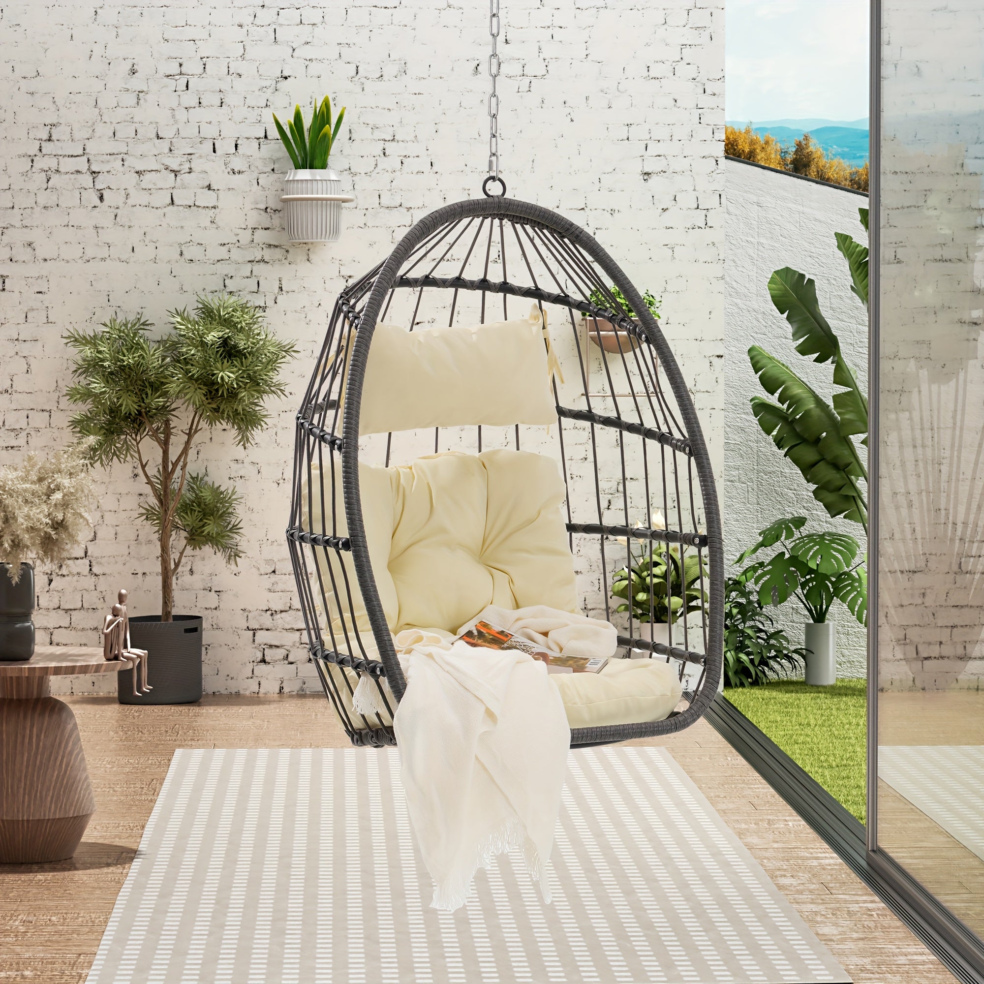 Indoor Outdoor Egg Swing Chair Without Stand, Patio Wicker Rattan Hanging Chair W\u002FCushion, All Weather Foldable Hammock Chair Basket Chairs For Bedroom, Porch