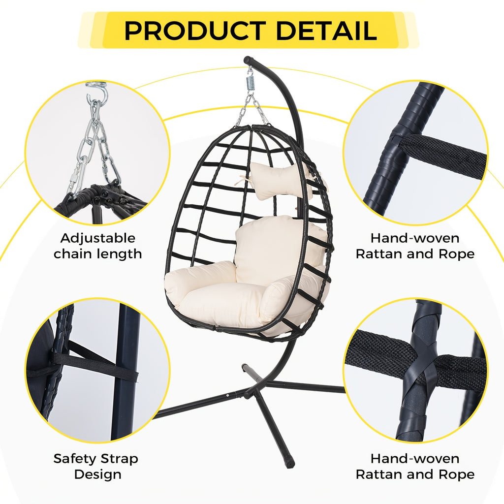 Hanging Egg Chair with Stand Outdoor, Rattan Wicker Swing Hammock Chairs, Comfortable Outdoor Swing Chair, Durable Egg Swing Chair, Equipped with Cushions & Headrest, 350 Lbs Capacity, Suitable for Patio Garden, Birthday Gift or Valentine's Day