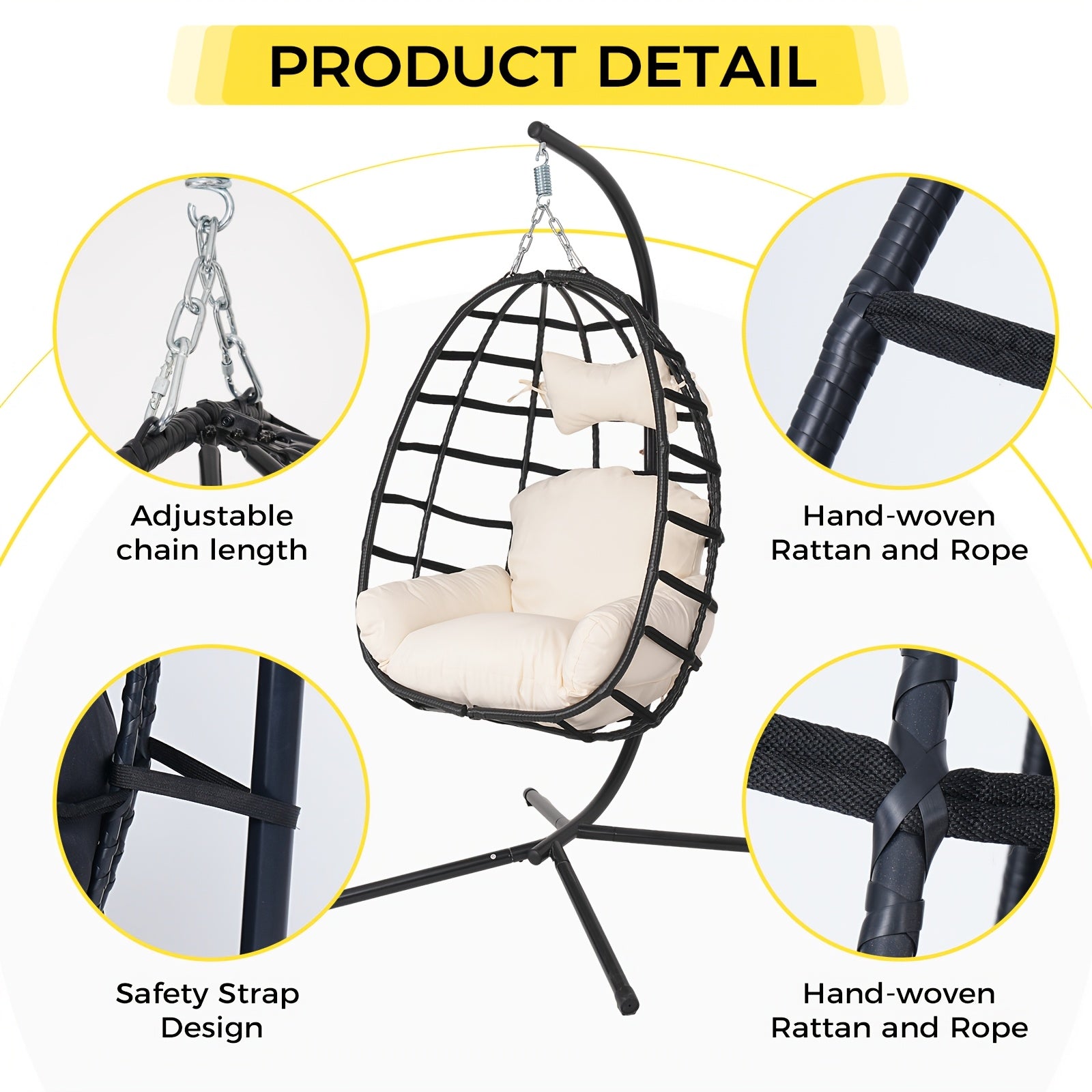 Hanging Egg Chair with Stand Outdoor, Rattan Wicker Swing Hammock Chairs, Comfortable Outdoor Swing Chair, Durable Egg Swing Chair, Equipped with Cushions & Headrest, 350 Lbs Capacity, Suitable for Patio Garden, Birthday Gift or Valentine's Day