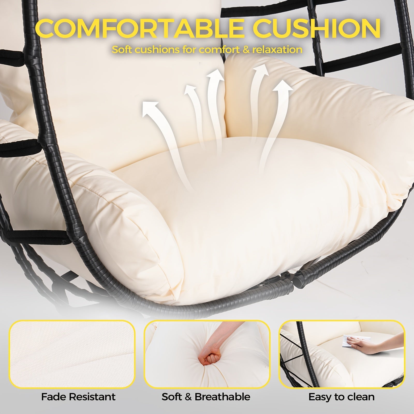Hanging Egg Chair with Stand Outdoor, Rattan Wicker Swing Hammock Chairs, Comfortable Outdoor Swing Chair, Durable Egg Swing Chair, Equipped with Cushions & Headrest, 350 Lbs Capacity, Suitable for Patio Garden, Birthday Gift or Valentine's Day