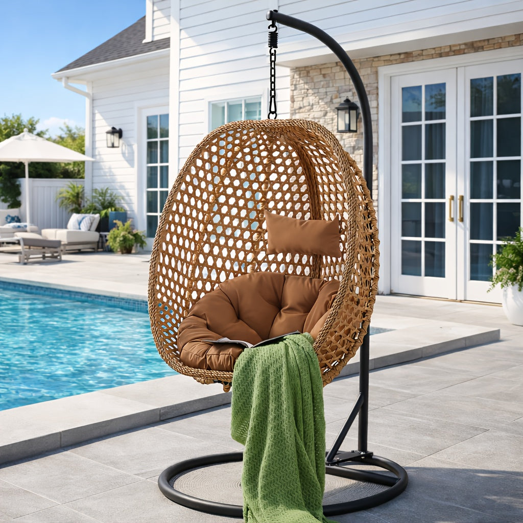 Hanging Egg Chair with Stand for Indoor And Outdoor Use, Wicker Design, Comfortable Hammock Chair with Plush Cushion, Sturdy Round Metal Base Ideal for Relaxing on The Patio, Balcony, Bedroom, Or Garden