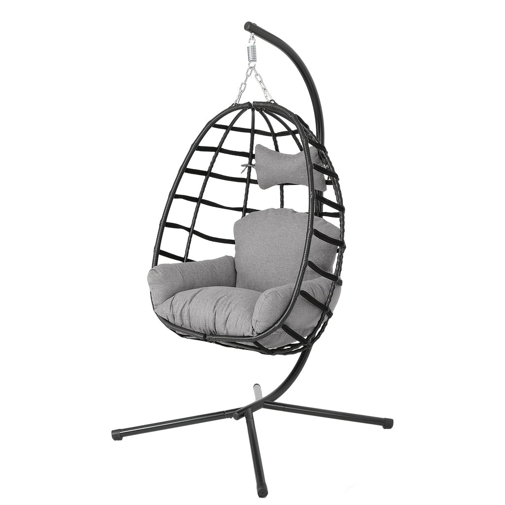 Hanging Egg Chair with Stand Outdoor, Rattan Wicker Swing Hammock Chairs, Comfortable Outdoor Swing Chair, Durable Egg Swing Chair, Equipped with Cushions & Headrest, 350 Lbs Capacity, Suitable for Patio Garden, Birthday Gift or Valentine's Day