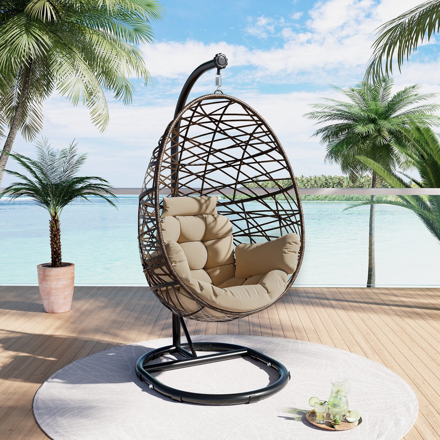 Outdoor Wicker Tear Drop Hanging Egg Chair Color Cushion Beige