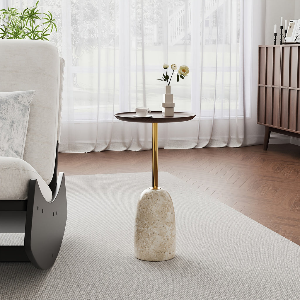Tea Tables Modern Marble Base Side Table with Golden Metal Stem, Round Walnut Tray End Table for Living Room Bedroom Applicable to Coffee Tables And Tea Tables