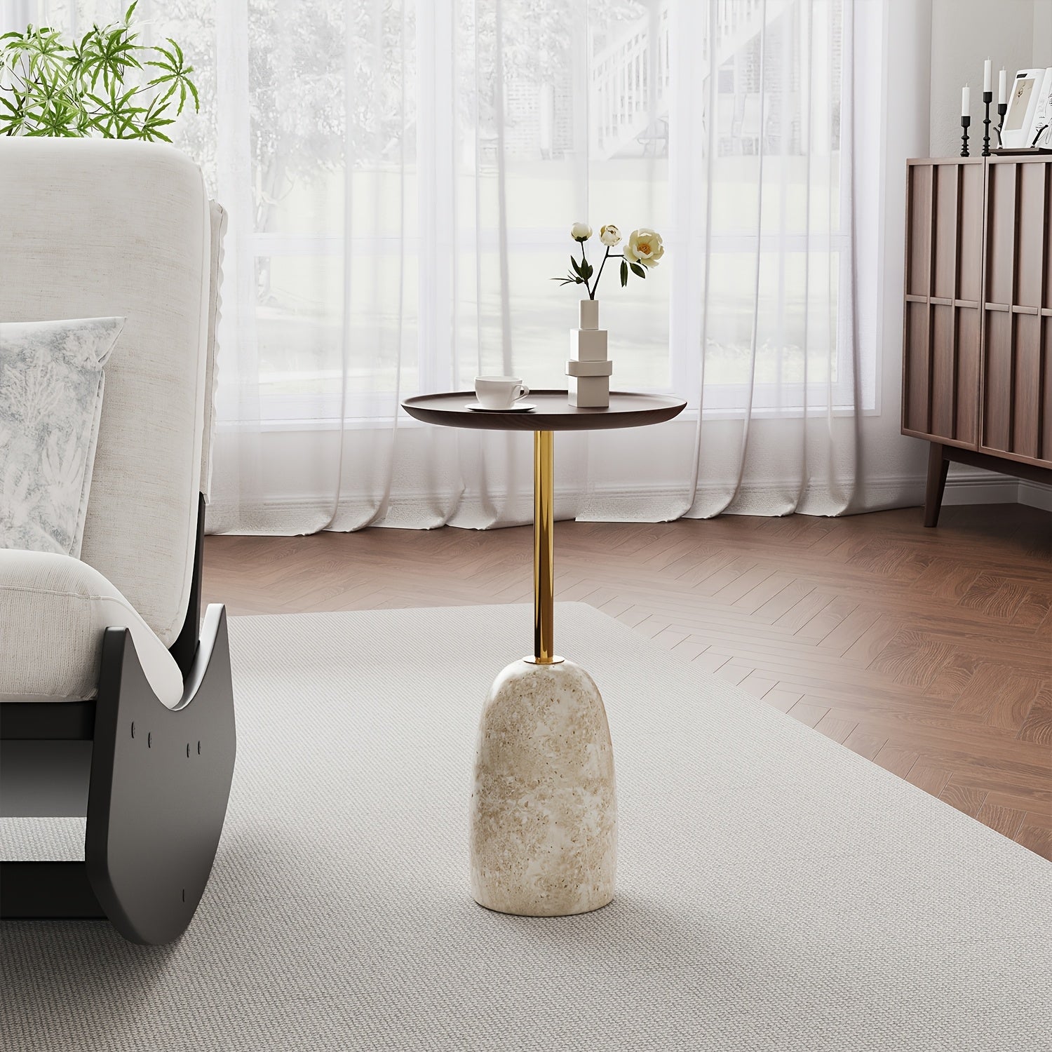 Tea Tables Modern Marble Base Side Table with Golden Metal Stem, Round Walnut Tray End Table for Living Room Bedroom Applicable to Coffee Tables And Tea Tables