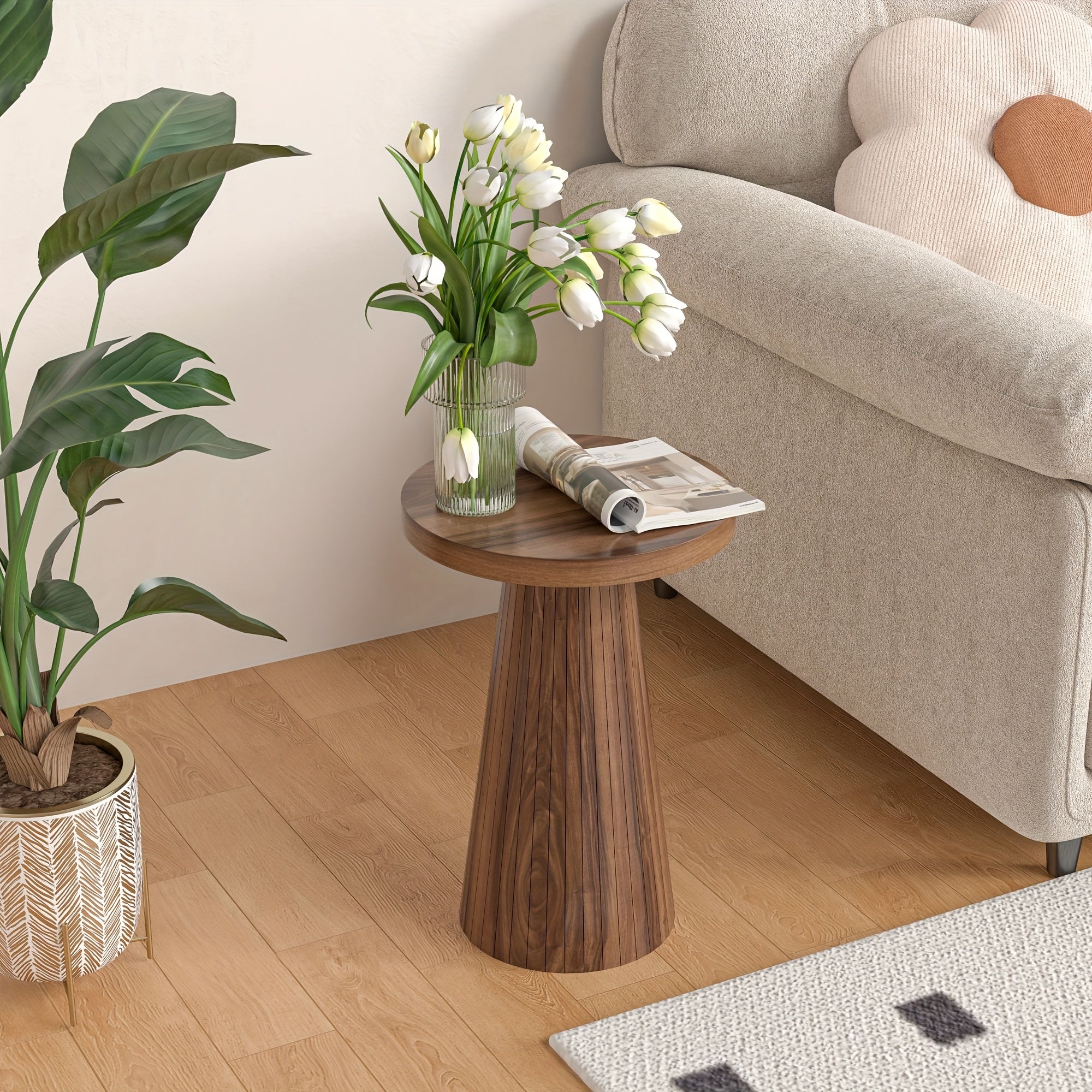 Elegant Side Table Mid-Century Modern Elegant Round Side Table | Sturdy Pine Wood Frame, Ideal for Living Room, Bedroom, or Office, Easy Assembly, Space-Saving Base, Cute Room Decor