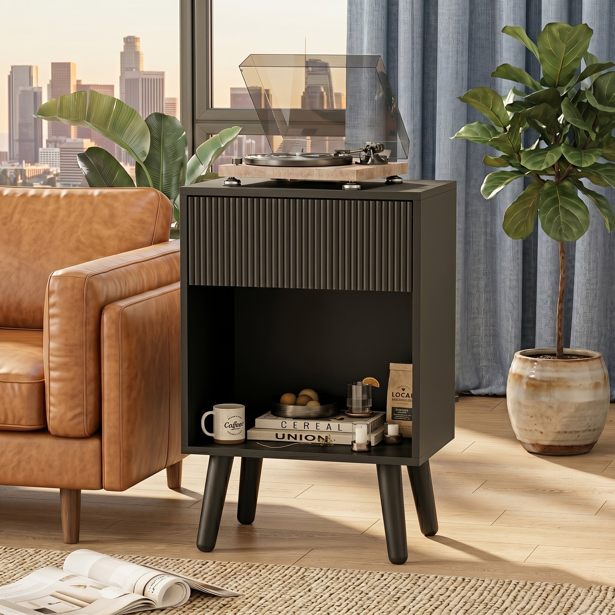 Contemporary Nightstand Featuring a Fluted Design, Equipped with a Storage Drawer And an Open Shelf, Supported by Solid Wood Legs. Ideal As an Accent Table for Small Living Rooms Or Bedrooms