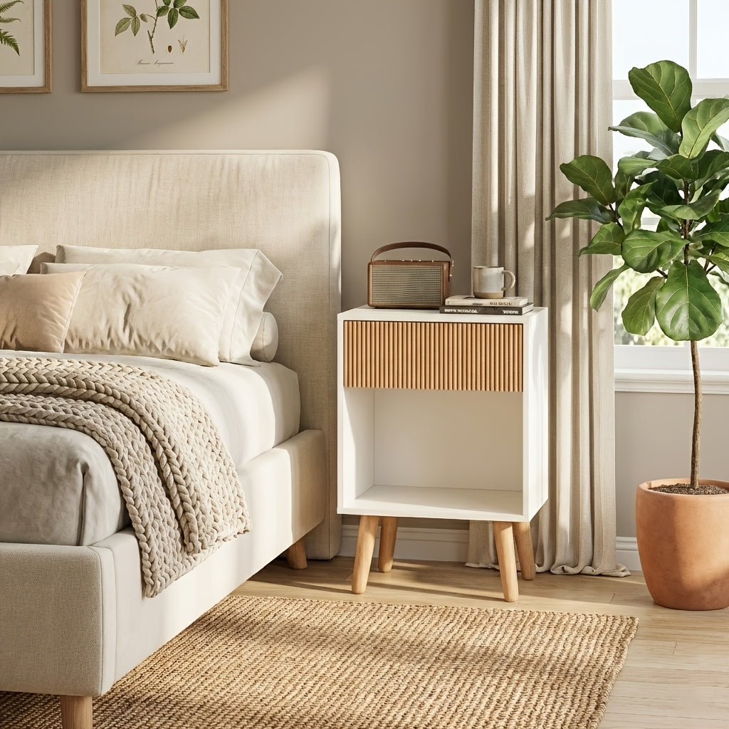 Contemporary Nightstand Featuring a Fluted Design, Equipped with a Storage Drawer And an Open Shelf, Supported by Solid Wood Legs. Ideal As an Accent Table for Small Living Rooms Or Bedrooms