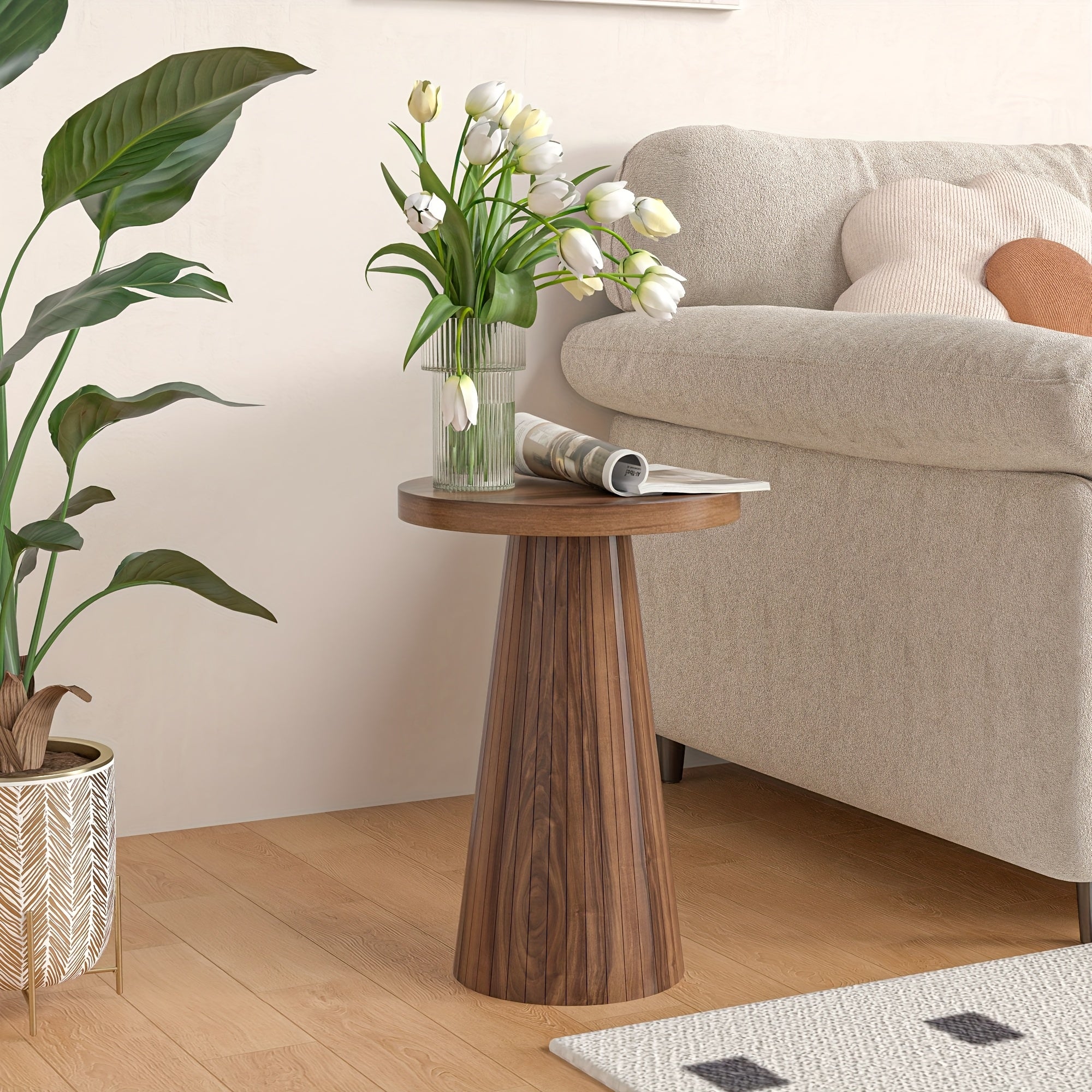 Elegant Side Table Mid-Century Modern Elegant Round Side Table | Sturdy Pine Wood Frame, Ideal for Living Room, Bedroom, or Office, Easy Assembly, Space-Saving Base, Cute Room Decor