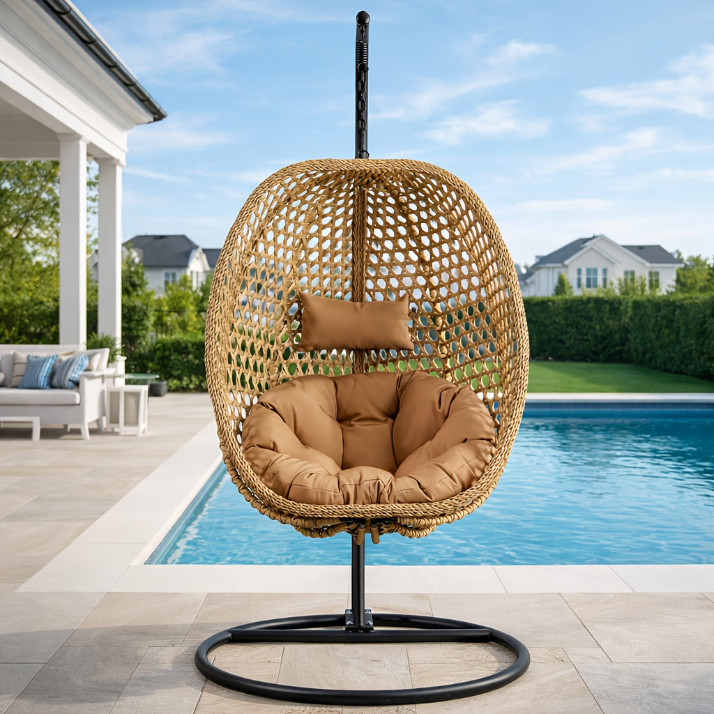Hanging Egg Chair with Stand for Indoor And Outdoor Use, Wicker Design, Comfortable Hammock Chair with Plush Cushion, Sturdy Round Metal Base Ideal for Relaxing on The Patio, Balcony, Bedroom, Or Garden