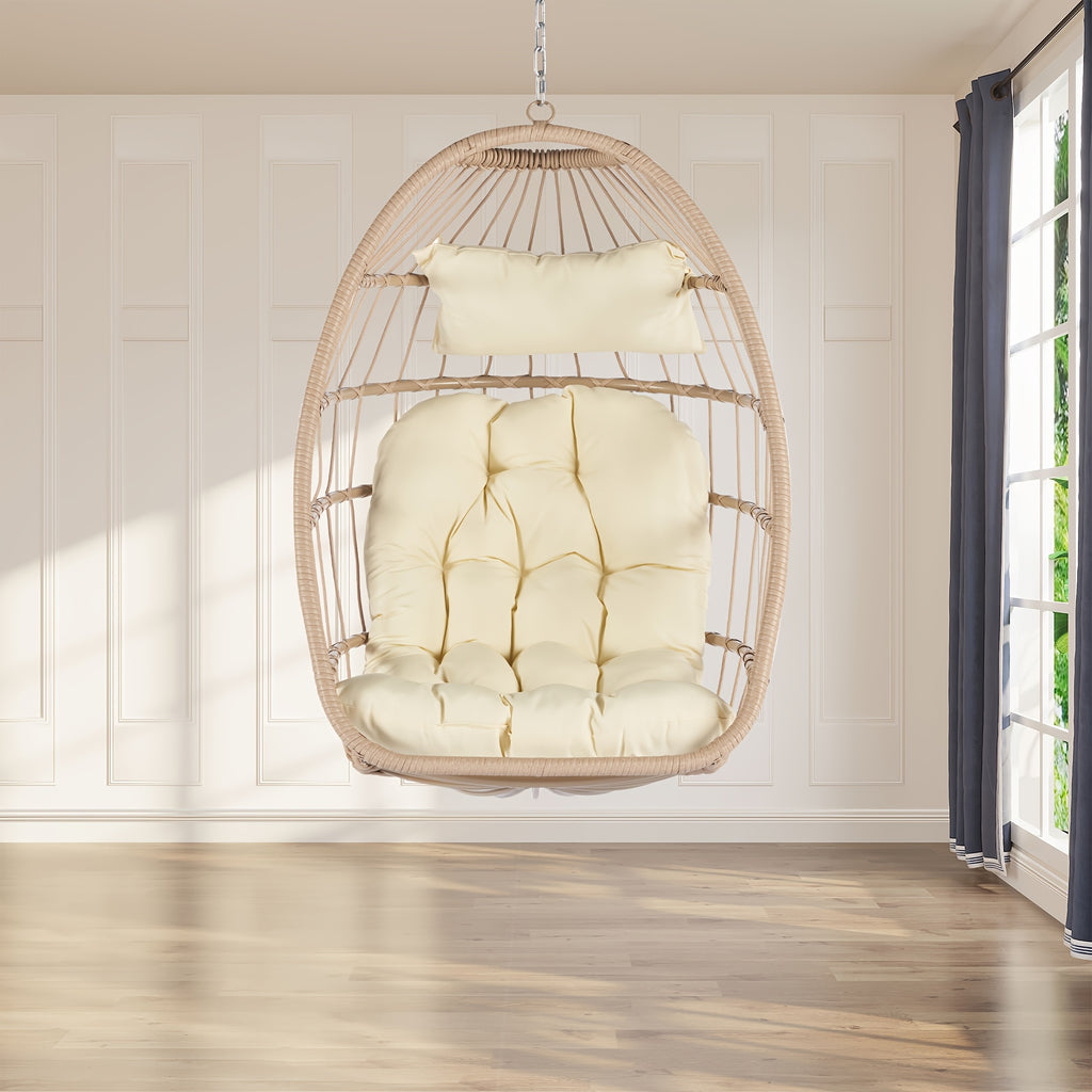 Indoor Outdoor Egg Swing Chair Without Stand, Patio Wicker Rattan Hanging Chair W\u002FCushion, All Weather Foldable Hammock Chair Basket Chairs For Bedroom, Porch