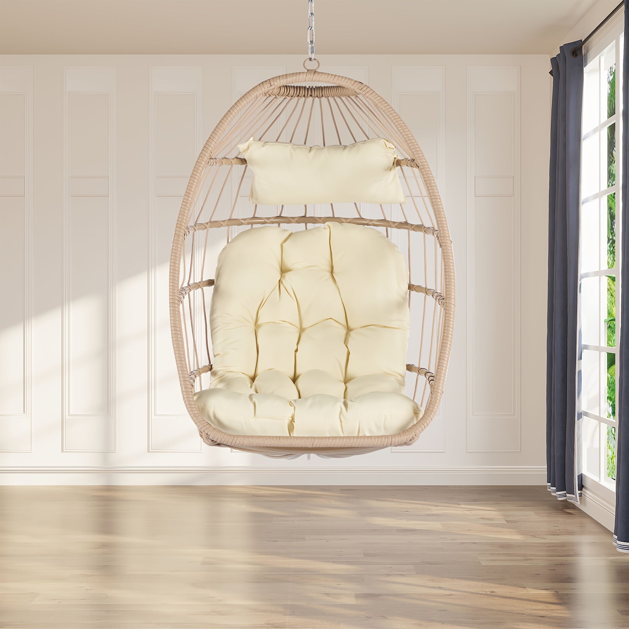 Indoor Outdoor Egg Swing Chair Without Stand, Patio Wicker Rattan Hanging Chair W\u002FCushion, All Weather Foldable Hammock Chair Basket Chairs For Bedroom, Porch