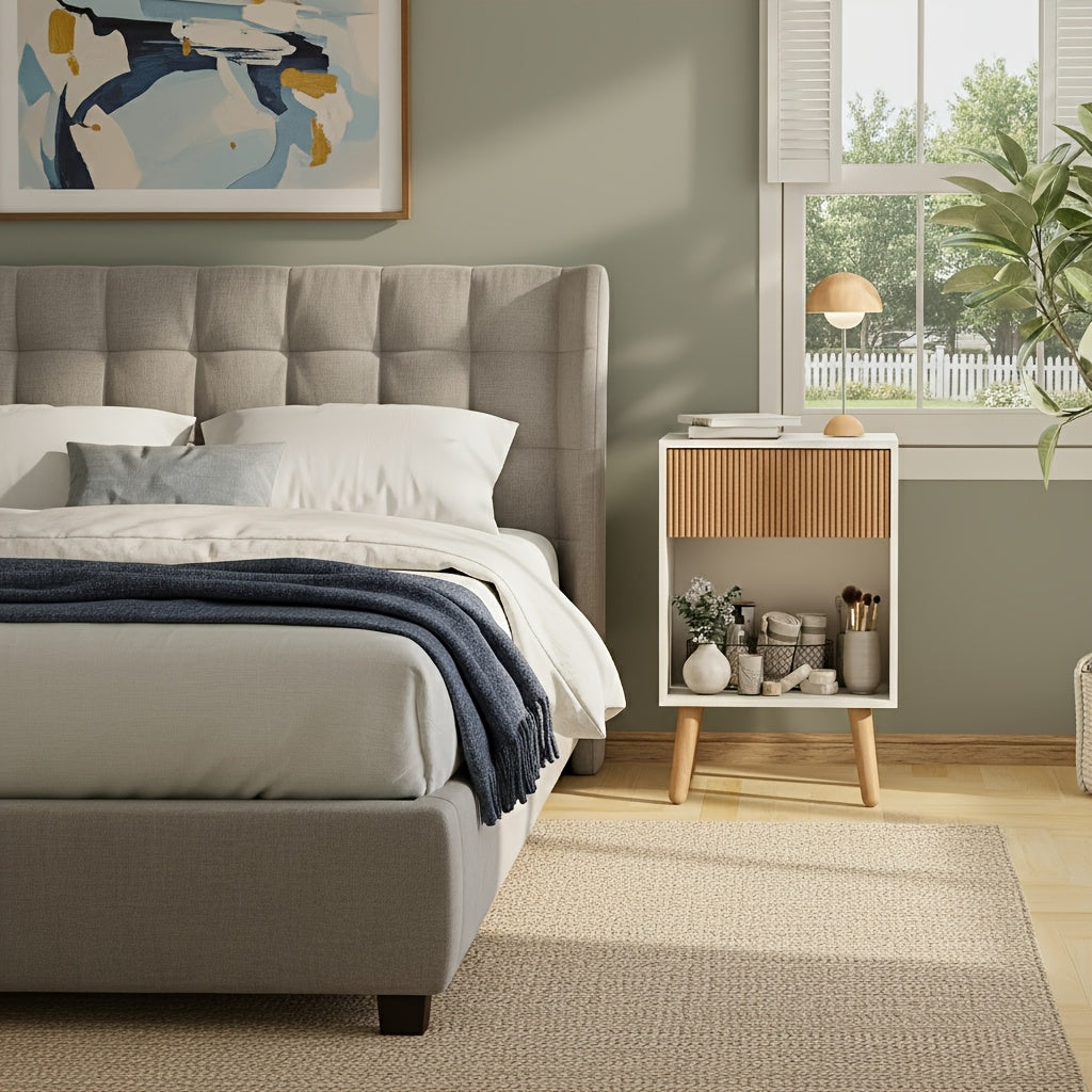 Contemporary Nightstand Featuring a Fluted Design, Equipped with a Storage Drawer And an Open Shelf, Supported by Solid Wood Legs. Ideal As an Accent Table for Small Living Rooms Or Bedrooms