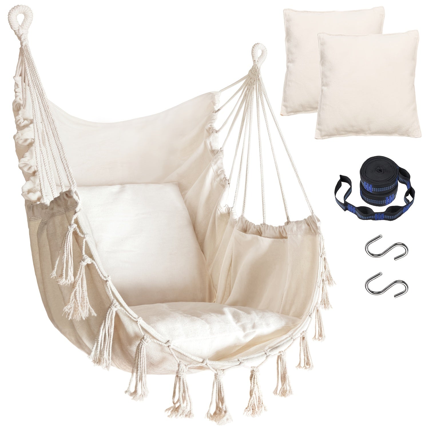 Hanging Hammock Chair with Two Cushions, Durable Webbing Straps And Hooks, Handcrafted for Outdoor Use in Gardens, Porches, And Patios