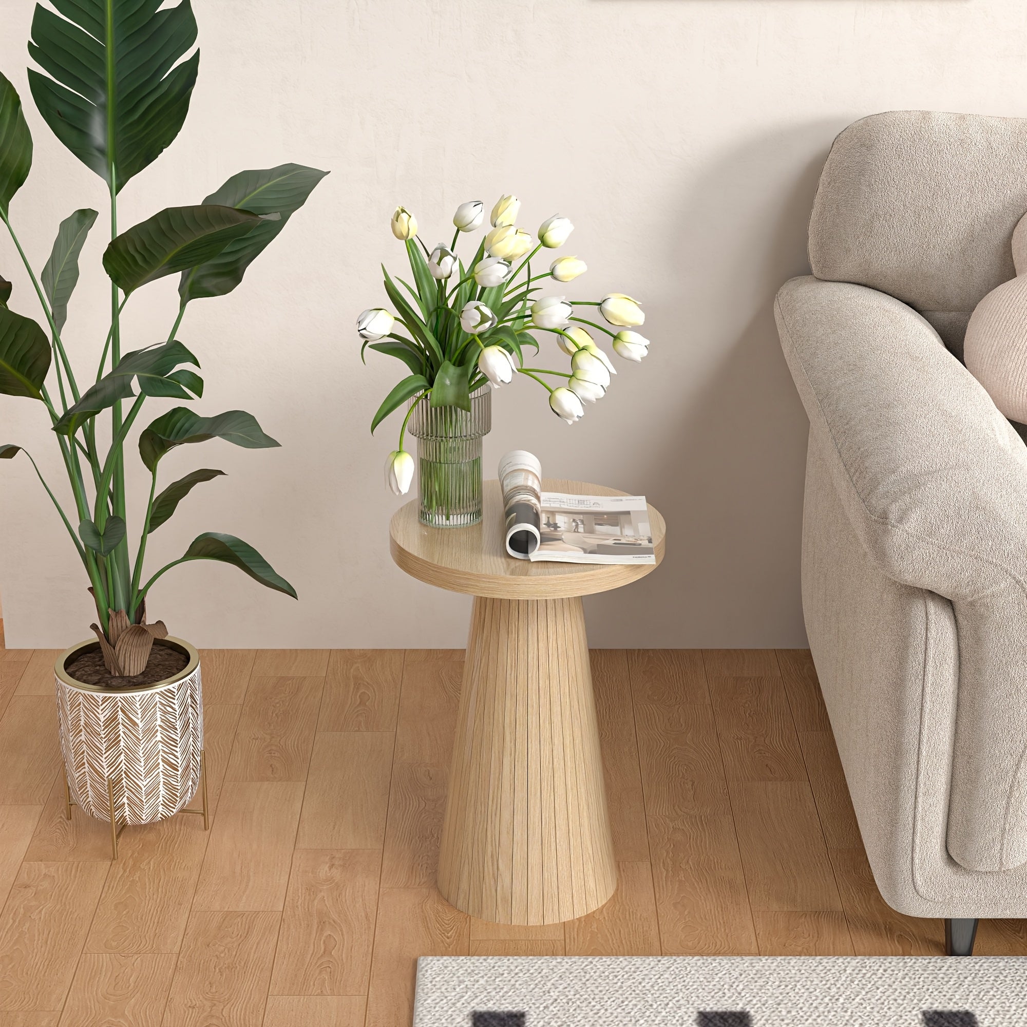 Elegant Side Table Mid-Century Modern Elegant Round Side Table | Sturdy Pine Wood Frame, Ideal for Living Room, Bedroom, or Office, Easy Assembly, Space-Saving Base, Cute Room Decor