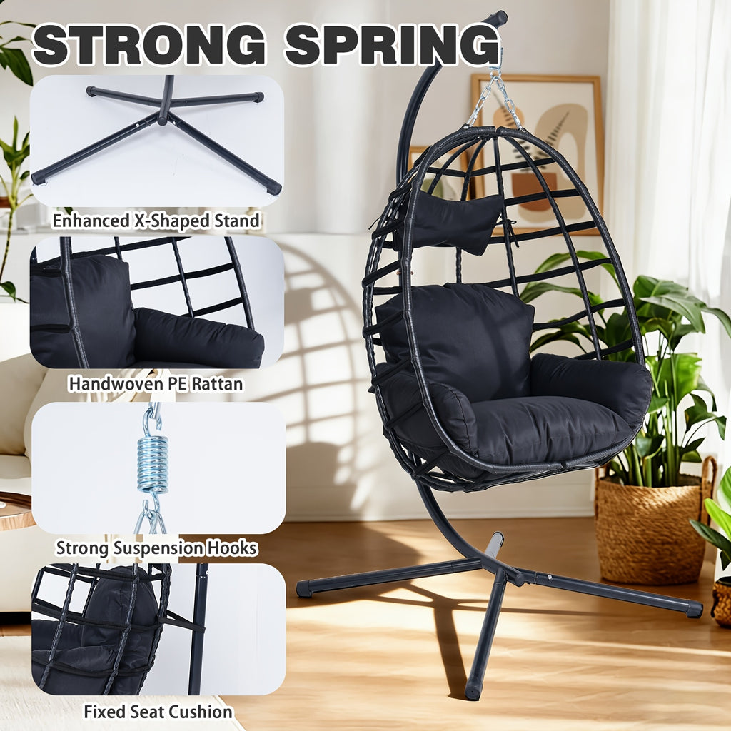 Egg-shaped Hanging Chair with Headrest and Frame, Courtyard Hanging Chair, Suitable for Outdoor Camping, Balcony, and Garden Use, Enhanced X-shaped Frame, UV-resistant Cushions, Soft, Breathable, and Skin-friendly
