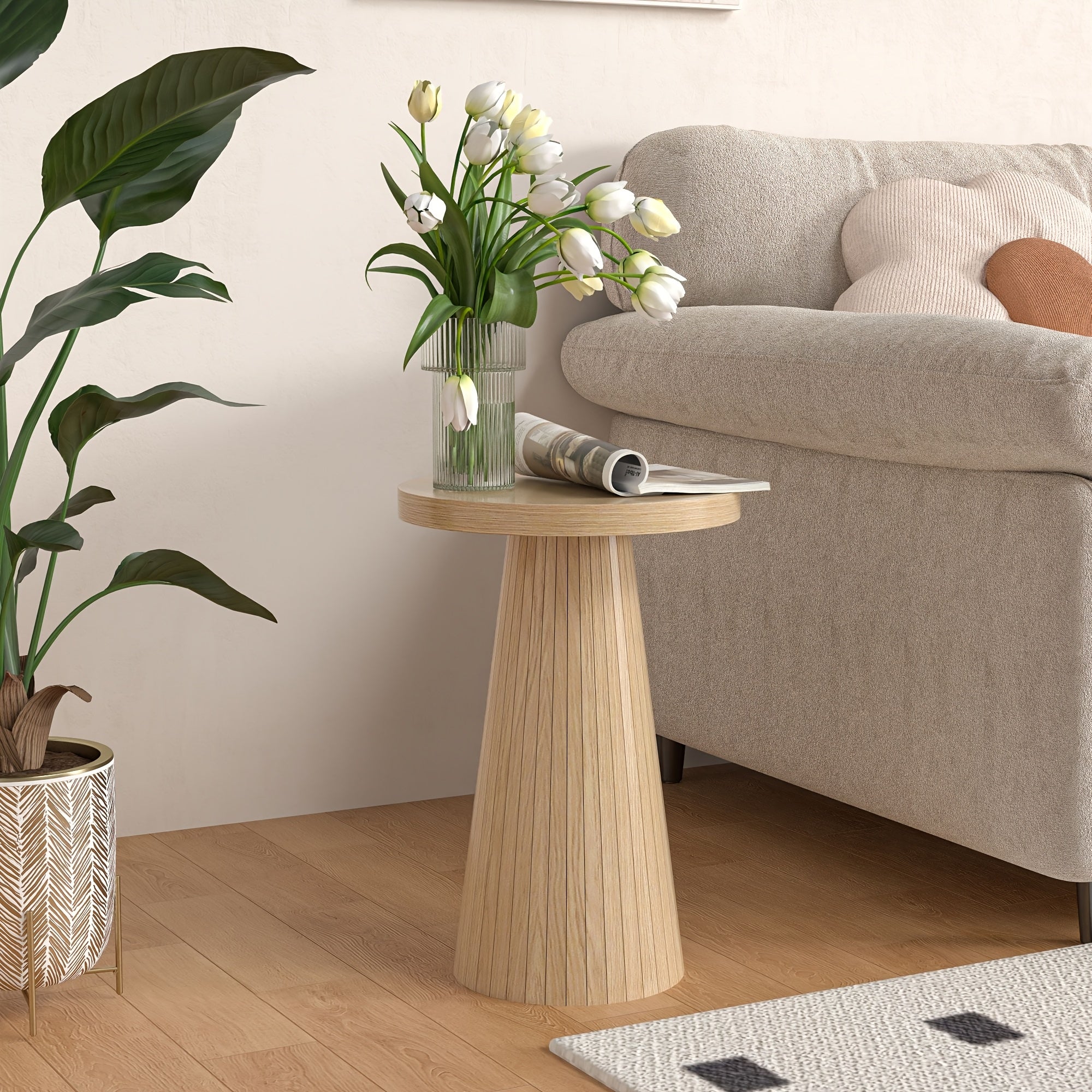 Elegant Side Table Mid-Century Modern Elegant Round Side Table | Sturdy Pine Wood Frame, Ideal for Living Room, Bedroom, or Office, Easy Assembly, Space-Saving Base, Cute Room Decor