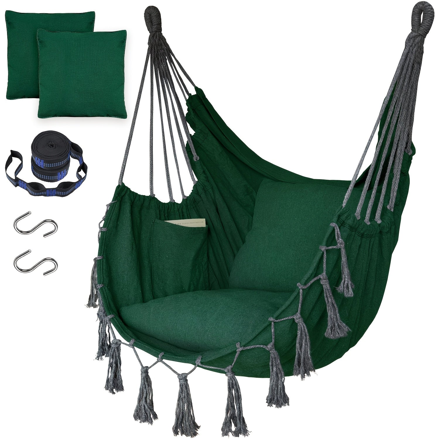 Hanging Hammock Chair with Two Cushions, Durable Webbing Straps And Hooks, Handcrafted for Outdoor Use in Gardens, Porches, And Patios