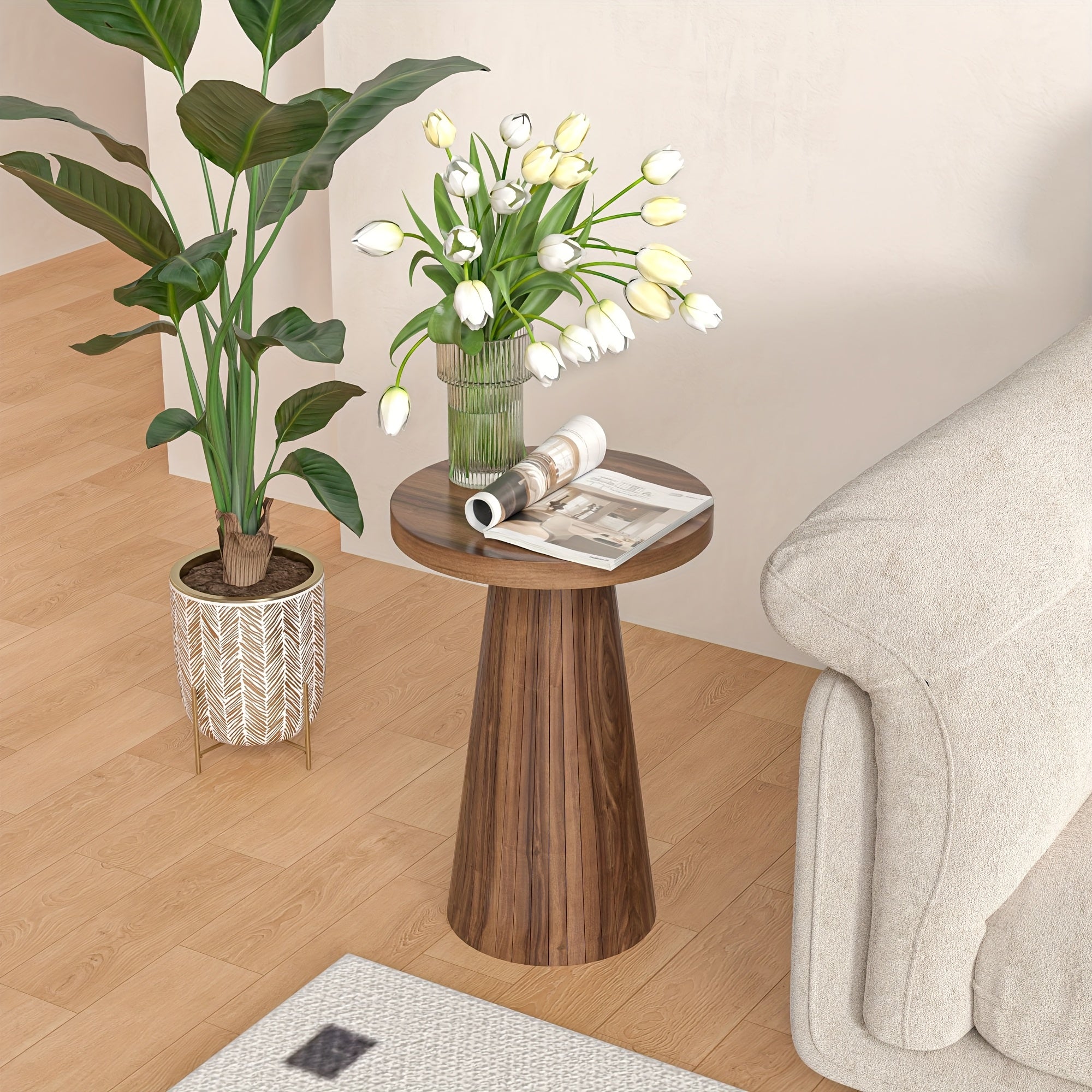 Elegant Side Table Mid-Century Modern Elegant Round Side Table | Sturdy Pine Wood Frame, Ideal for Living Room, Bedroom, or Office, Easy Assembly, Space-Saving Base, Cute Room Decor