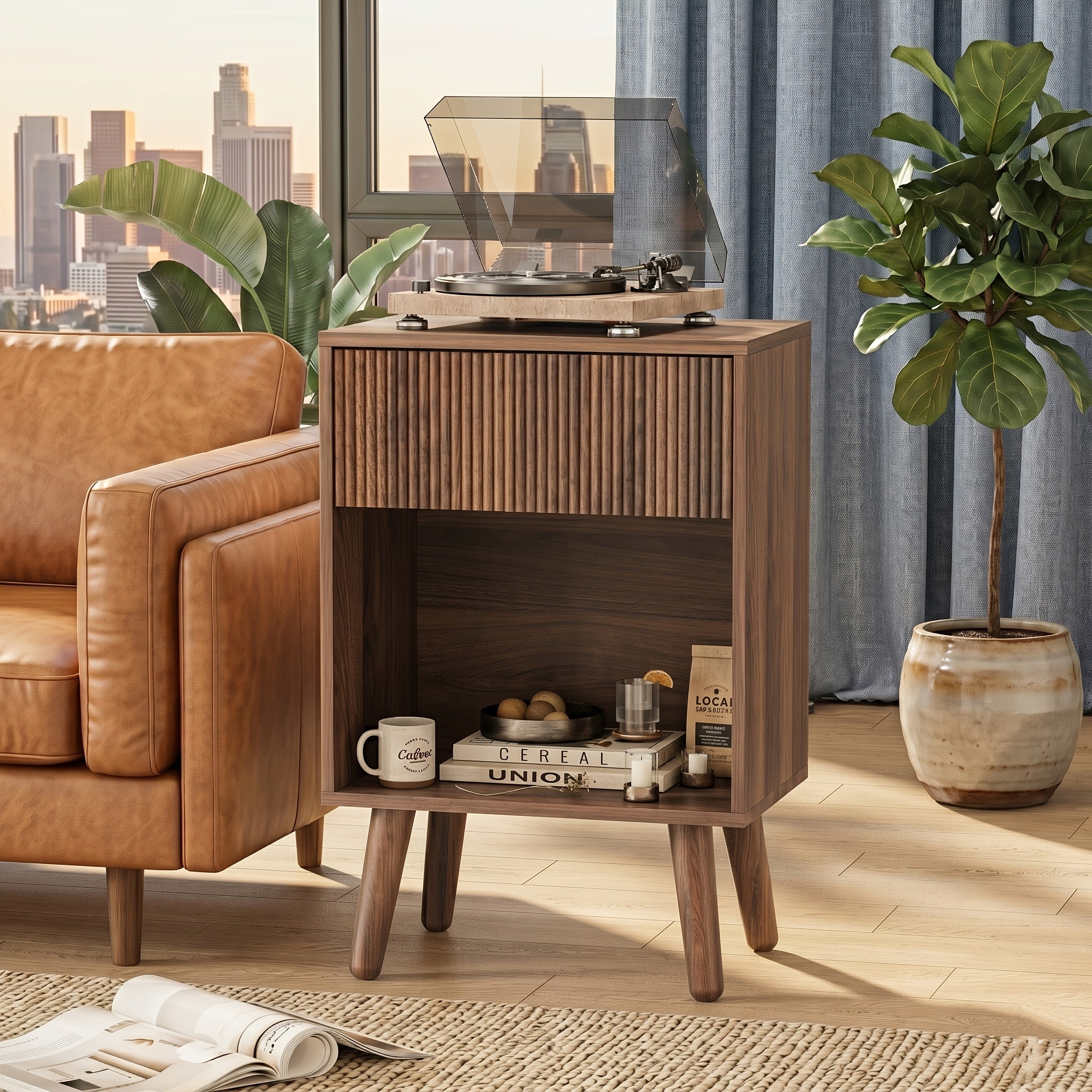 Contemporary Nightstand Featuring a Fluted Design, Equipped with a Storage Drawer And an Open Shelf, Supported by Solid Wood Legs. Ideal As an Accent Table for Small Living Rooms Or Bedrooms