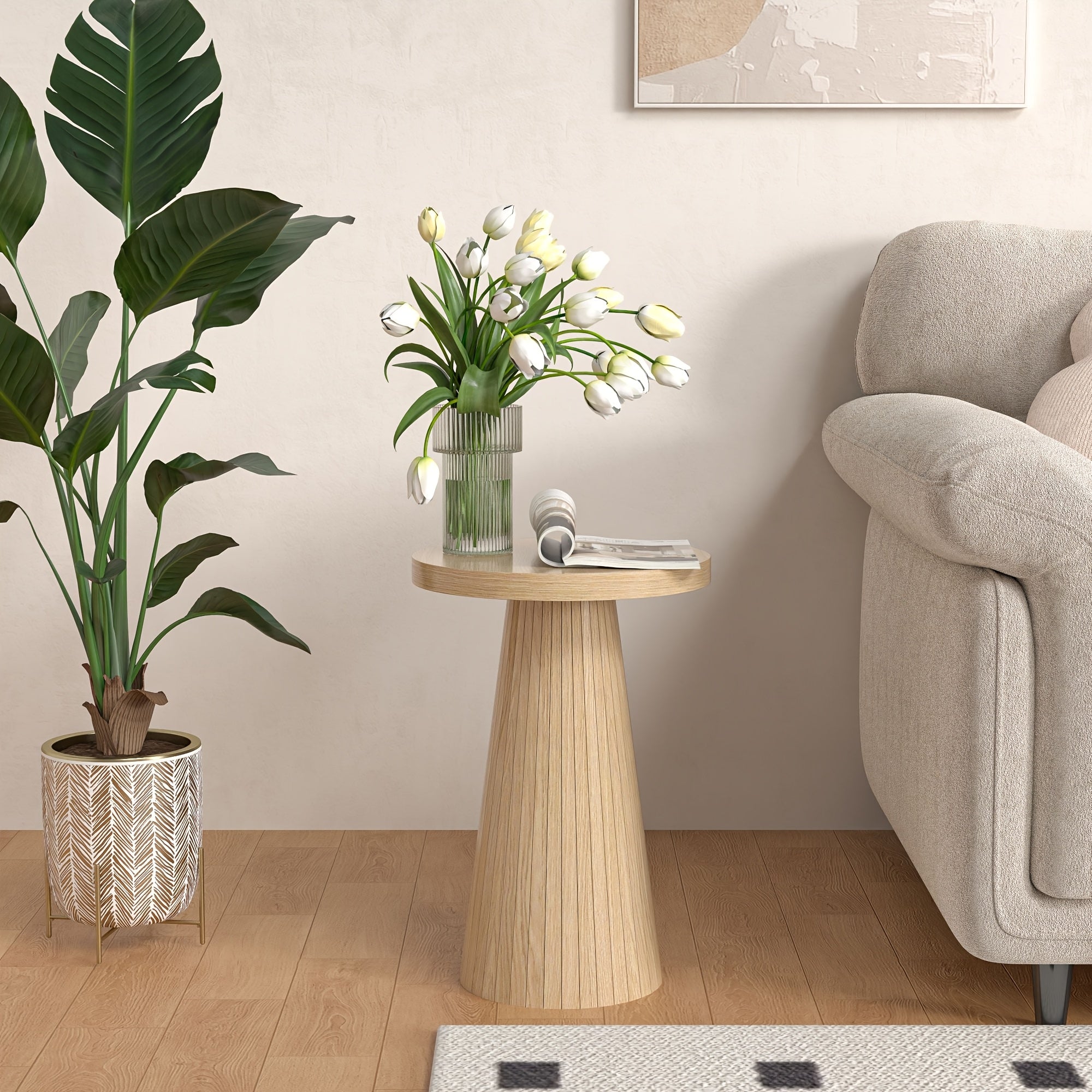 Elegant Side Table Mid-Century Modern Elegant Round Side Table | Sturdy Pine Wood Frame, Ideal for Living Room, Bedroom, or Office, Easy Assembly, Space-Saving Base, Cute Room Decor