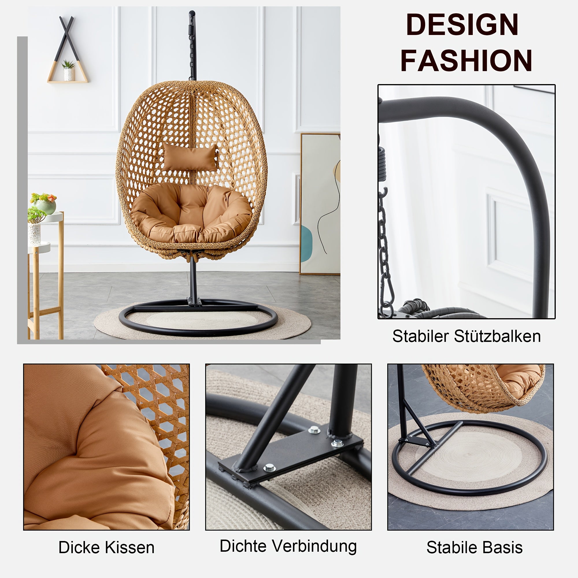 Hanging Egg Chair with Stand for Indoor And Outdoor Use, Wicker Design, Comfortable Hammock Chair with Plush Cushion, Sturdy Round Metal Base Ideal for Relaxing on The Patio, Balcony, Bedroom, Or Garden
