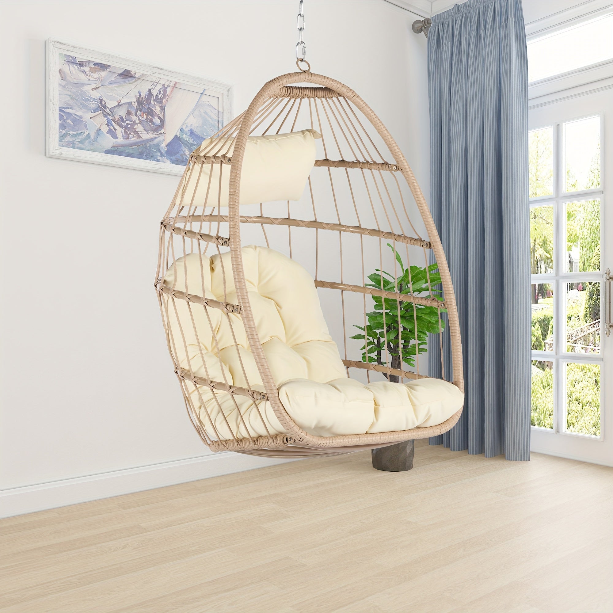 Indoor Outdoor Egg Swing Chair Without Stand, Patio Wicker Rattan Hanging Chair W\u002FCushion, All Weather Foldable Hammock Chair Basket Chairs For Bedroom, Porch