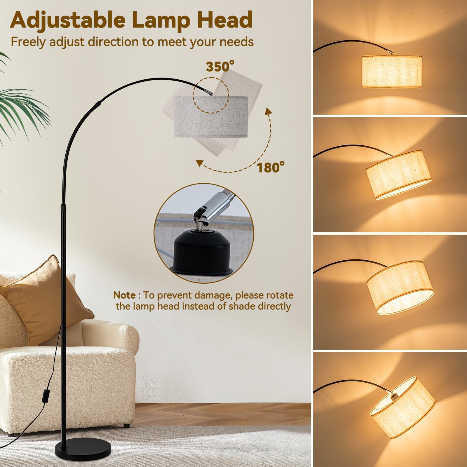 Dimmable Floor Lamp 60 Inch Adjustable Lampshade Arched Standing Floor Lamp | Modern Black Color Changing Curved Ambient Lighting for Bedroom And Living Room, Office Corner Floor Lamps