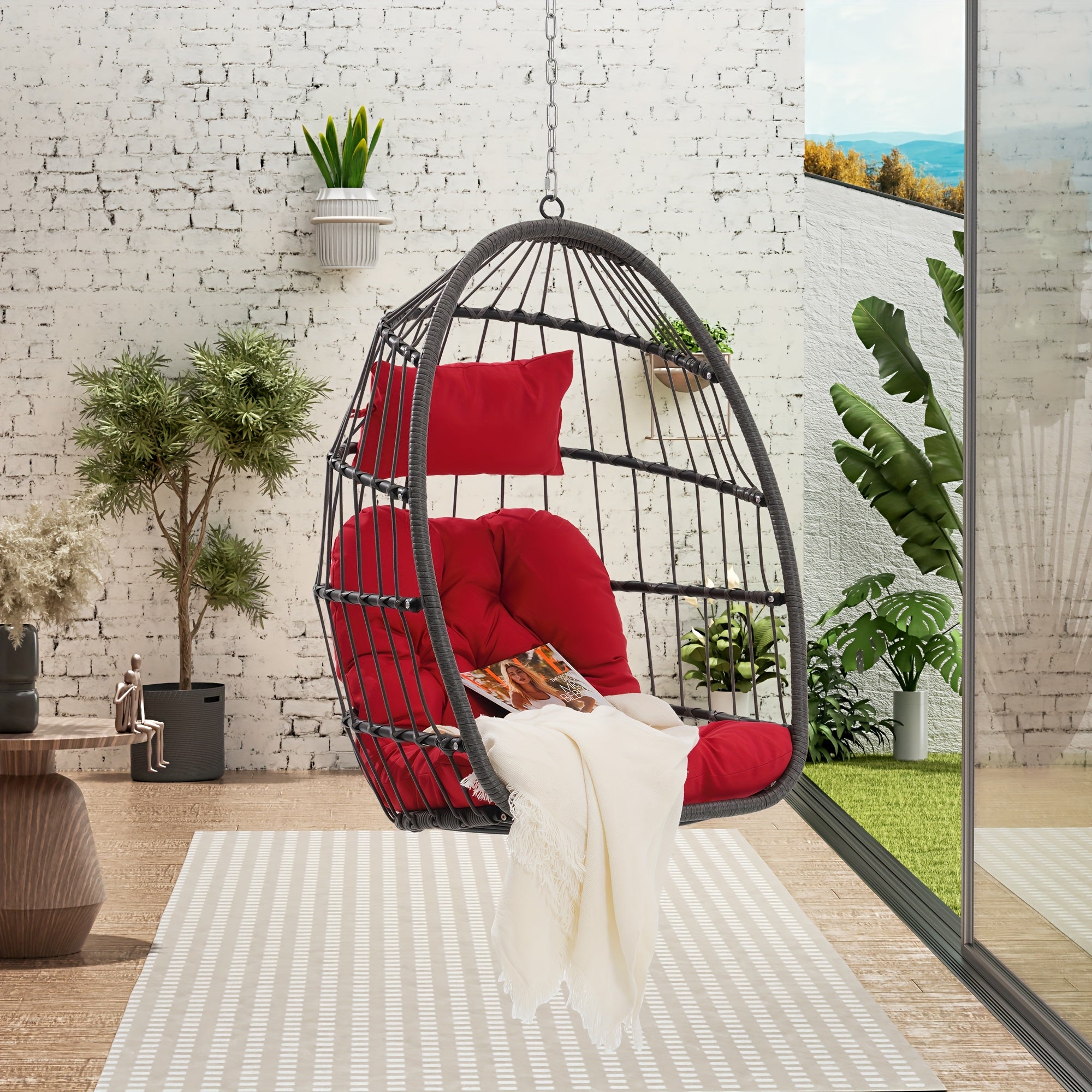 Indoor Outdoor Egg Swing Chair Without Stand, Patio Wicker Rattan Hanging Chair W\u002FCushion, All Weather Foldable Hammock Chair Basket Chairs For Bedroom, Porch