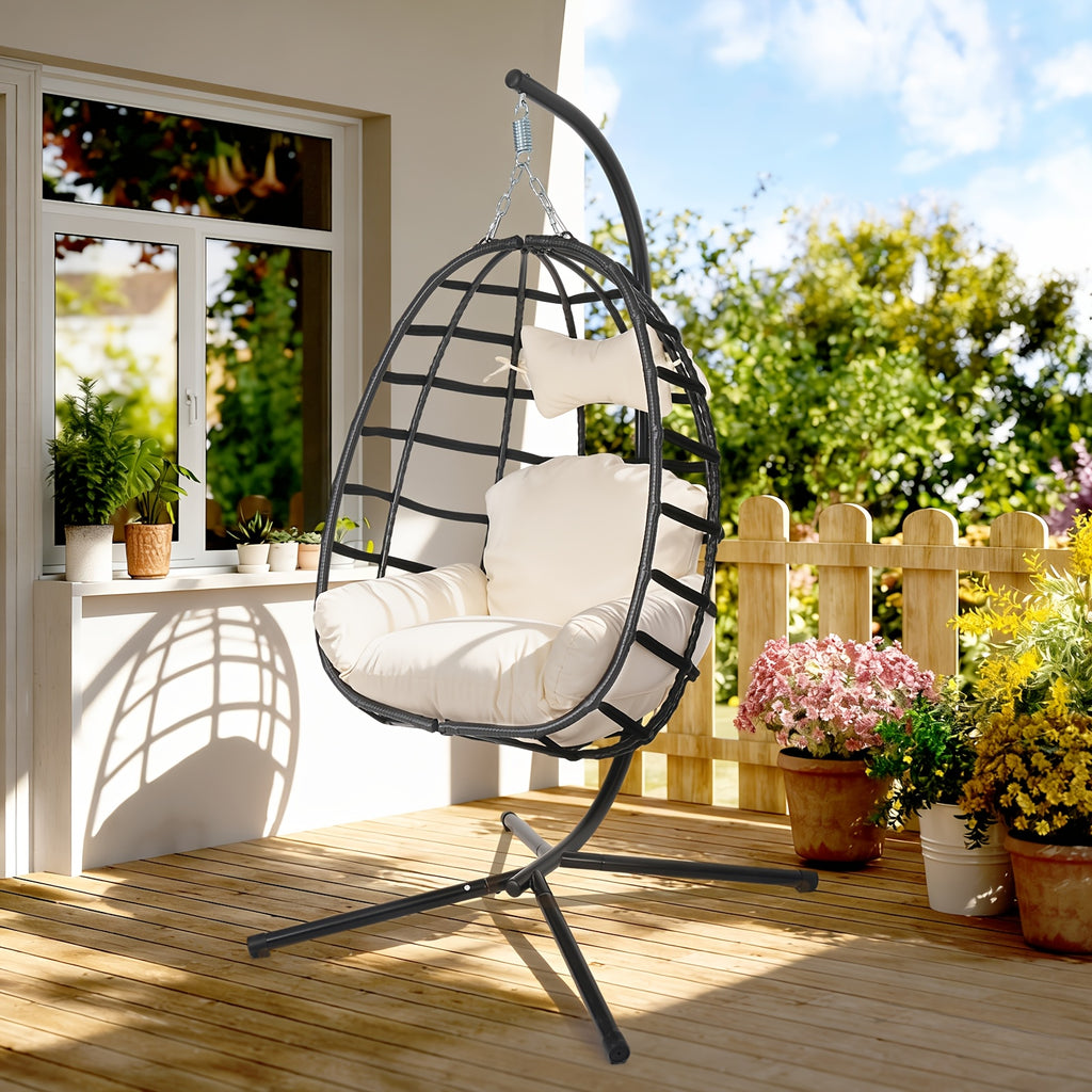 Hanging Egg Chair with Stand Outdoor, Rattan Wicker Swing Hammock Chairs, Comfortable Outdoor Swing Chair, Durable Egg Swing Chair, Equipped with Cushions & Headrest, 350 Lbs Capacity, Suitable for Patio Garden, Birthday Gift or Valentine's Day