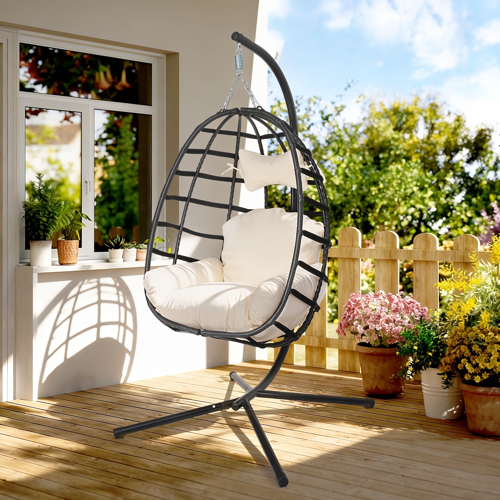 Hanging Egg Chair with Stand Outdoor, Rattan Wicker Swing Hammock Chairs, Comfortable Outdoor Swing Chair, Durable Egg Swing Chair, Equipped with Cushions & Headrest, 350 Lbs Capacity, Suitable for Patio Garden, Birthday Gift or Valentine's Day